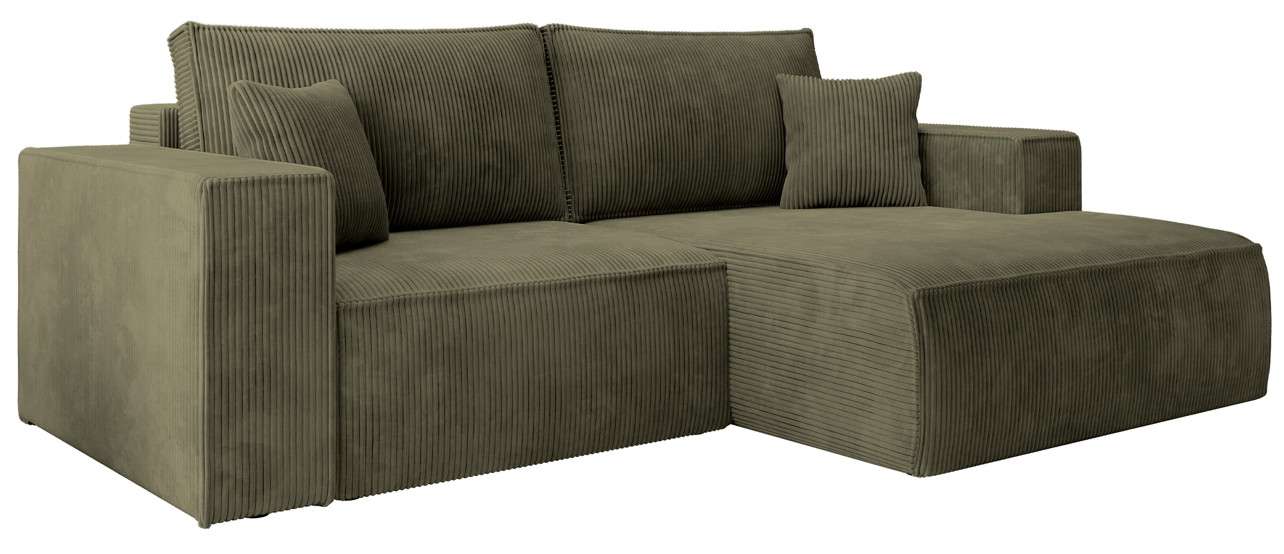 Ecksofa mit Schlaffunktion Farese Mini, L-förmig, rechtsseitig, mit Stauraum, olivgrüner Cordstoff