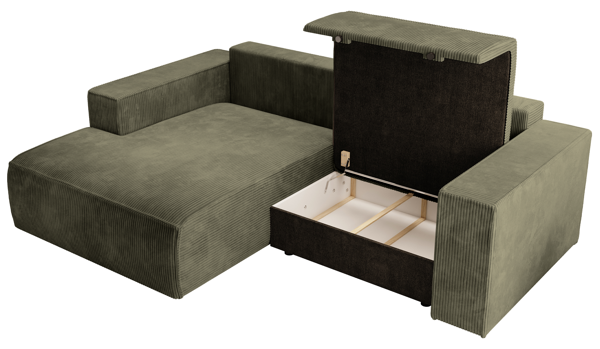 Ecksofa mit Schlaffunktion Farese mini, L-förmig, linksseitig, mit Stauraum, olivgrüner Cordstoff