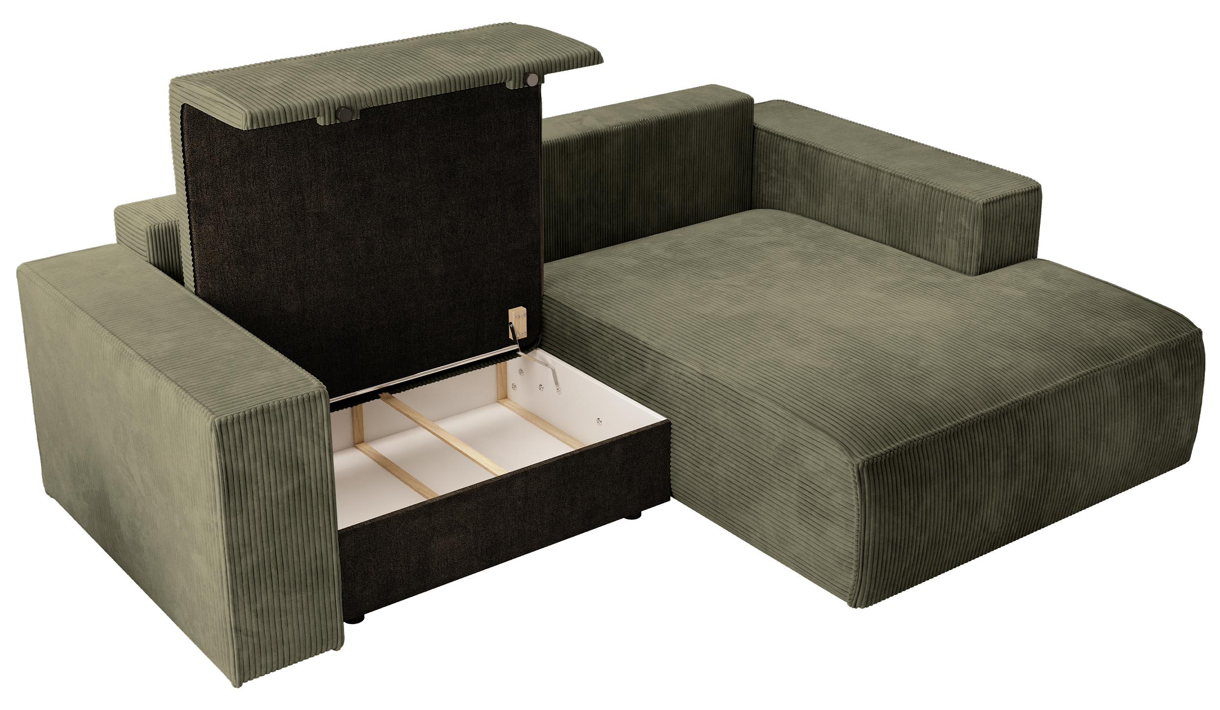 Ecksofa mit Schlaffunktion Farese Mini, L-förmig, rechtsseitig, mit Stauraum, olivgrüner Cordstoff