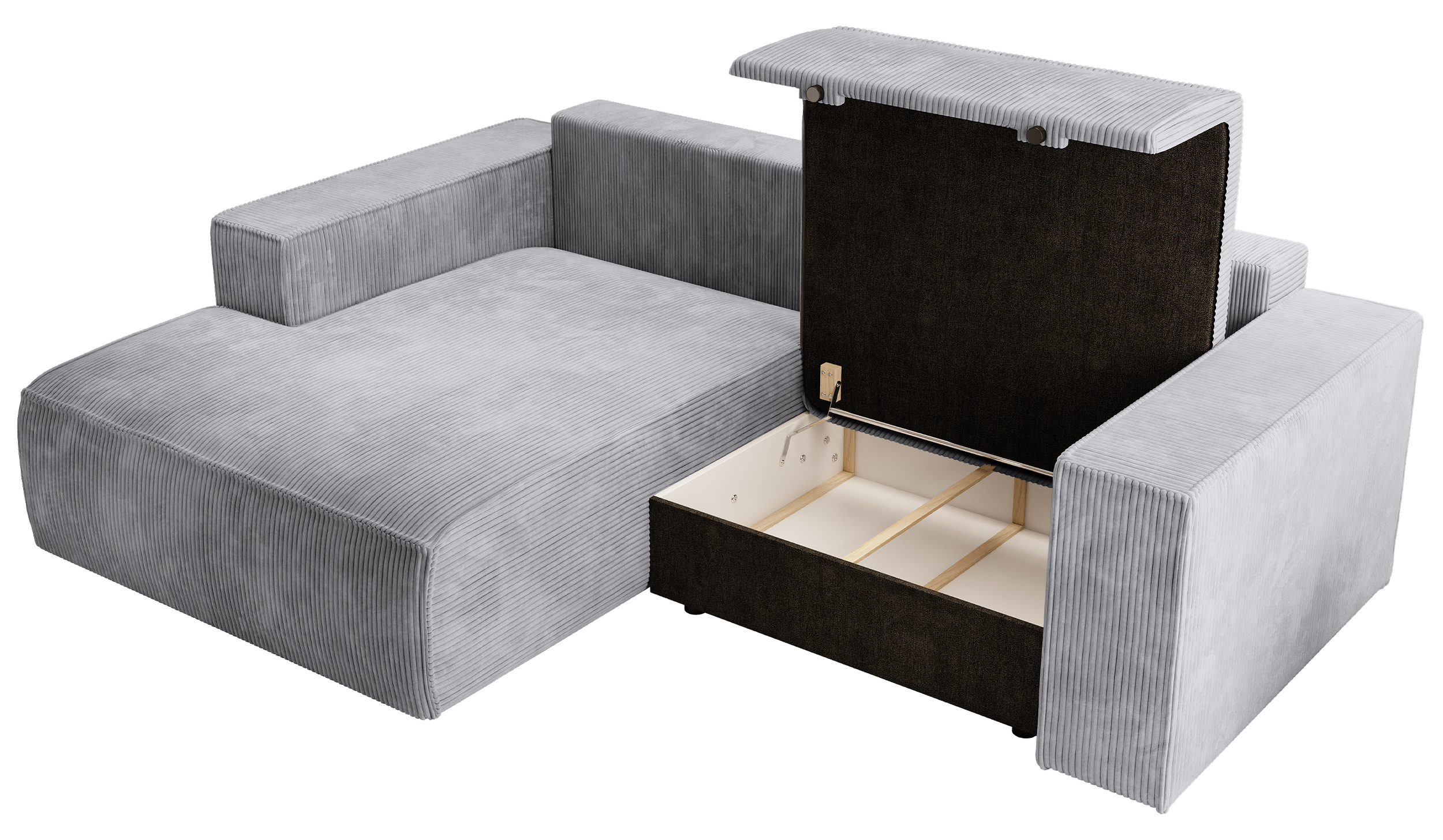 Ecksofa mit Schlaffunktion Farese Mini, L-förmig, linksseitig, mit Stauraum, hellgrauer Cordstoff