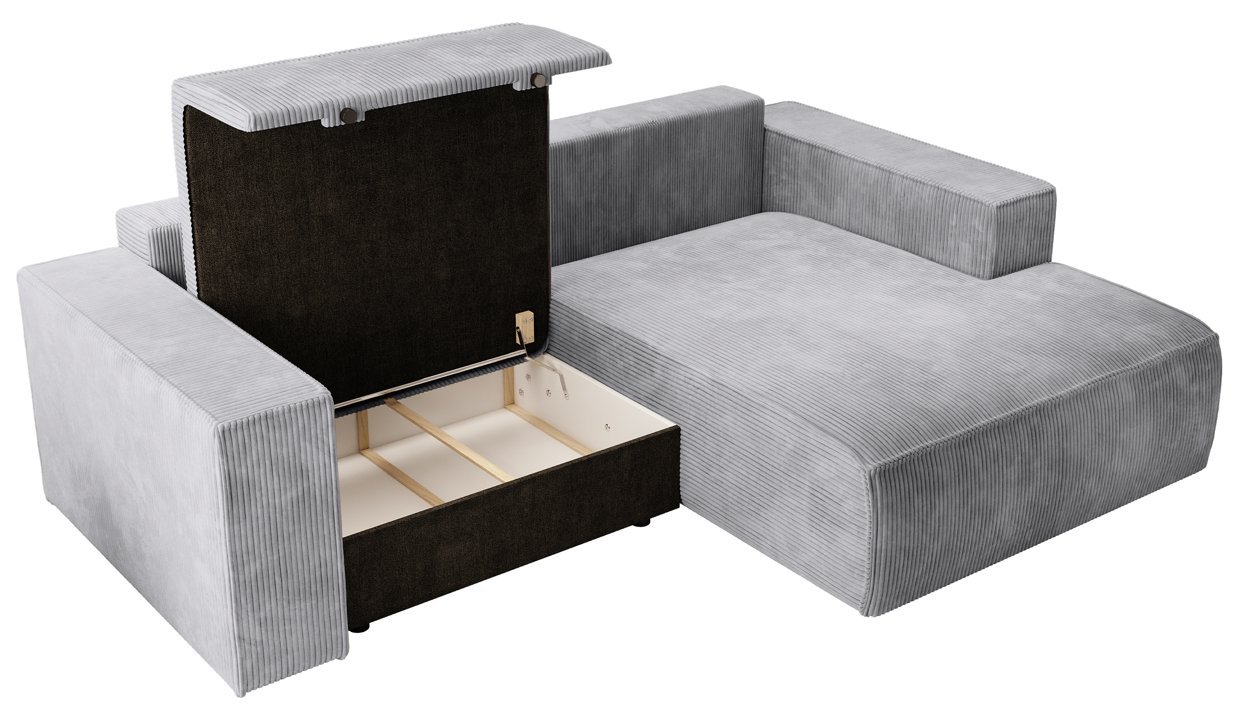 Ecksofa mit Schlaffunktion Farese Mini, L-förmig, rechtsseitig, mit Stauraum, hellgrauer Cordstoff