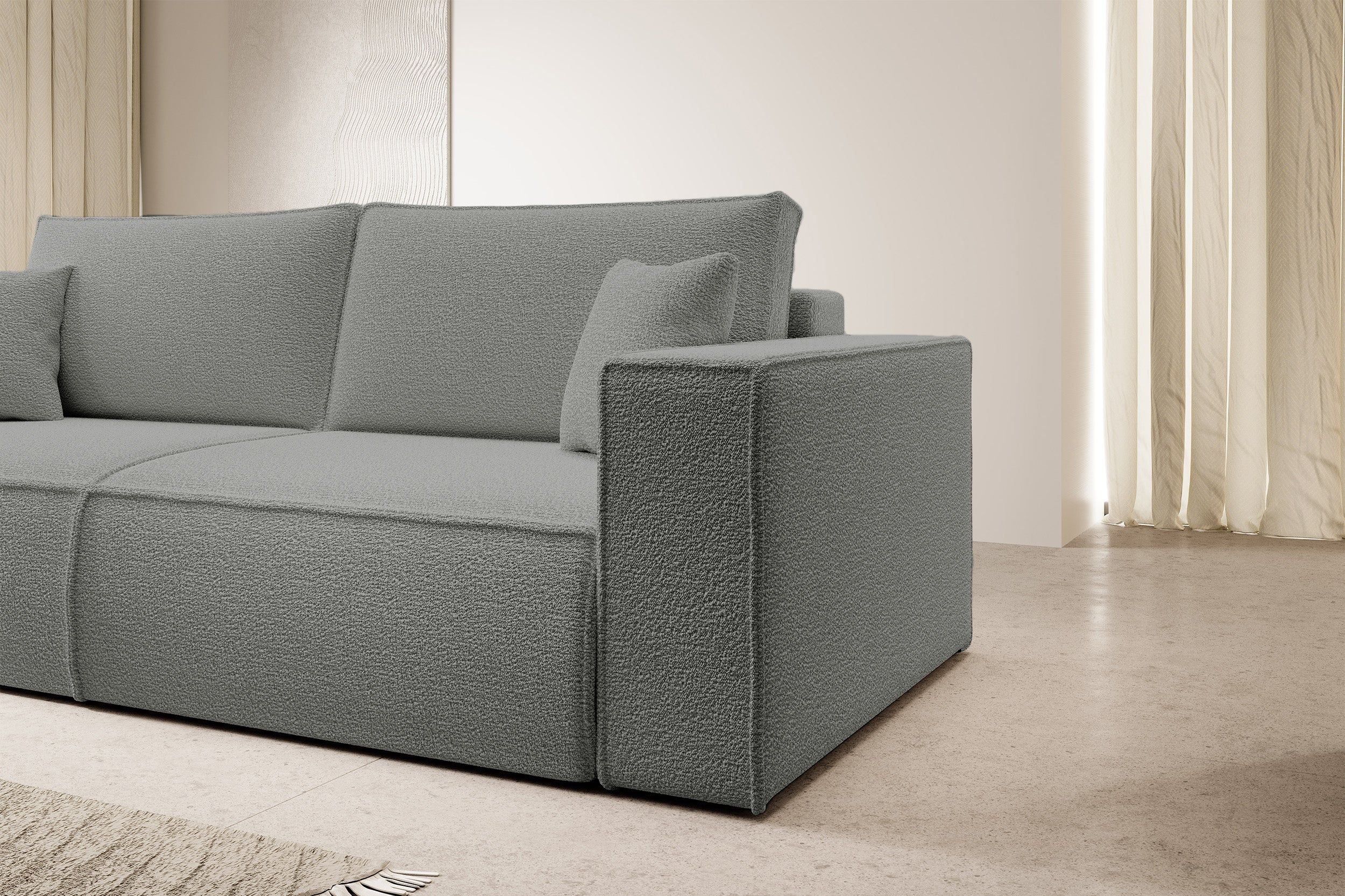 Dreisitziges ausklappbares Sofa Farese mit Stauraum, grau Bouclé