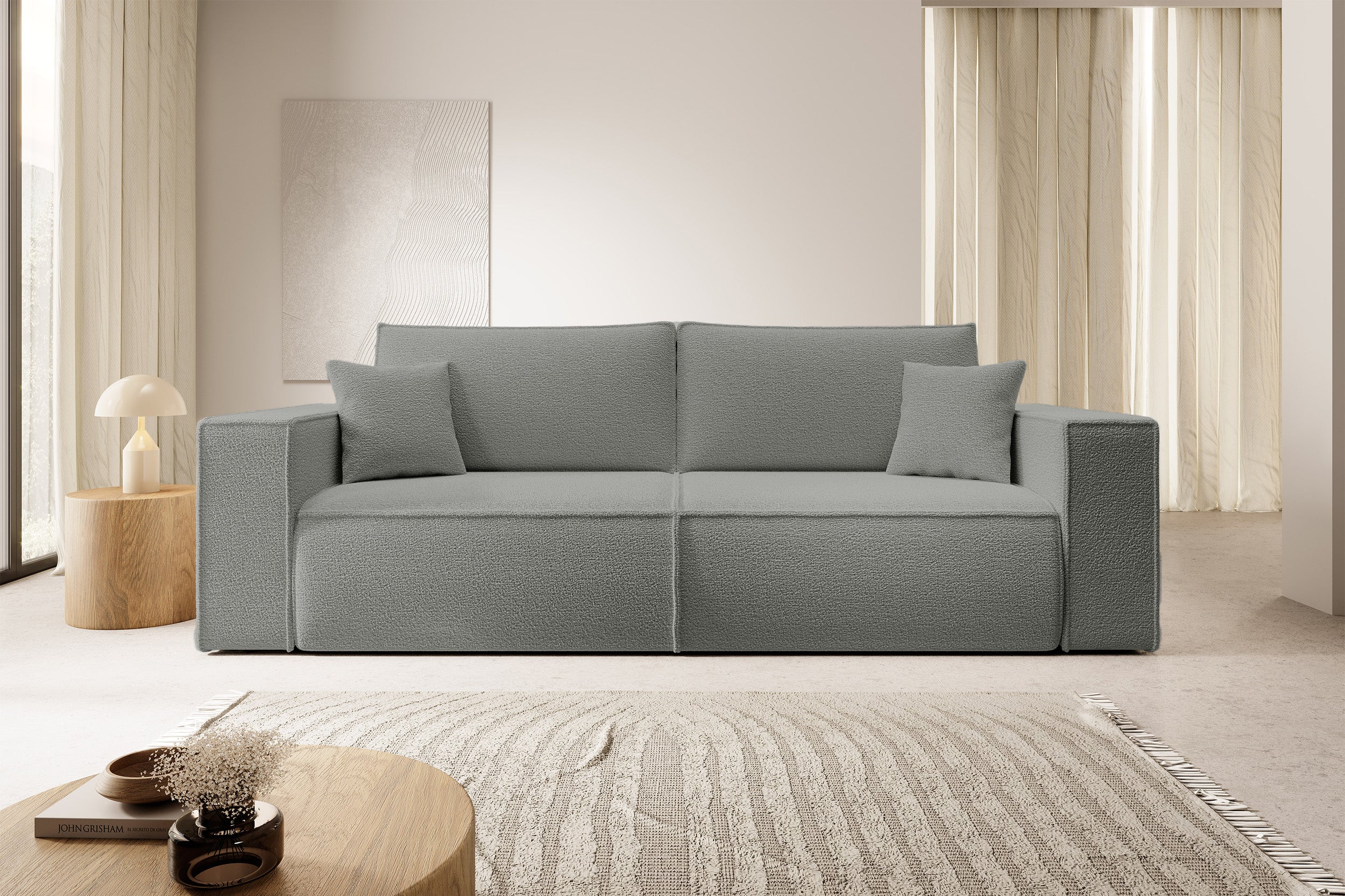 Dreisitziges ausklappbares Sofa Farese mit Stauraum, grau Bouclé