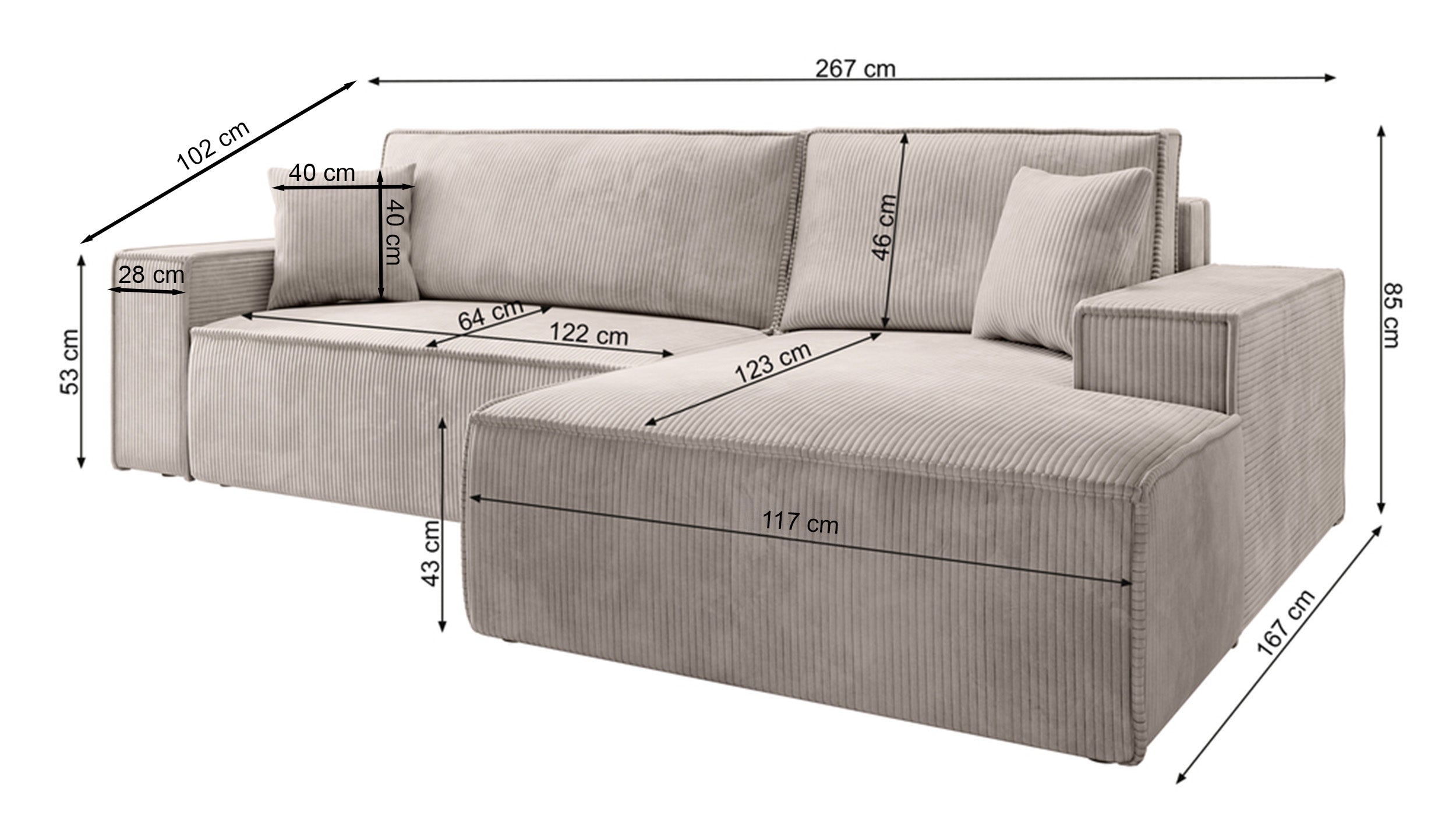 Ecksofa mit Schlaffunktion Farese New L-förmig mit Stauraum, beige Cord, linksseitig