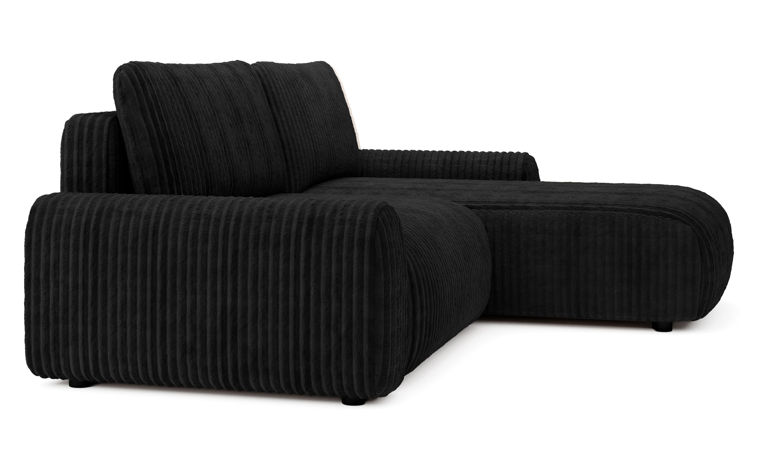 Ecksofa mit Schlaffunktion Lelu, L-förmig, universell, mit Stauraum, schwarzer Cordstoff
