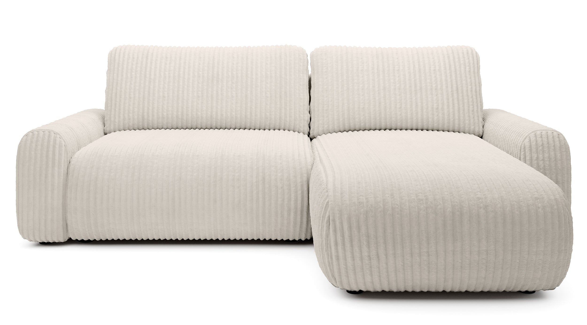 Ecksofa mit Schlaffunktion Lelu, L-förmig, universell, mit Stauraum, kremfarbener Cordstoff