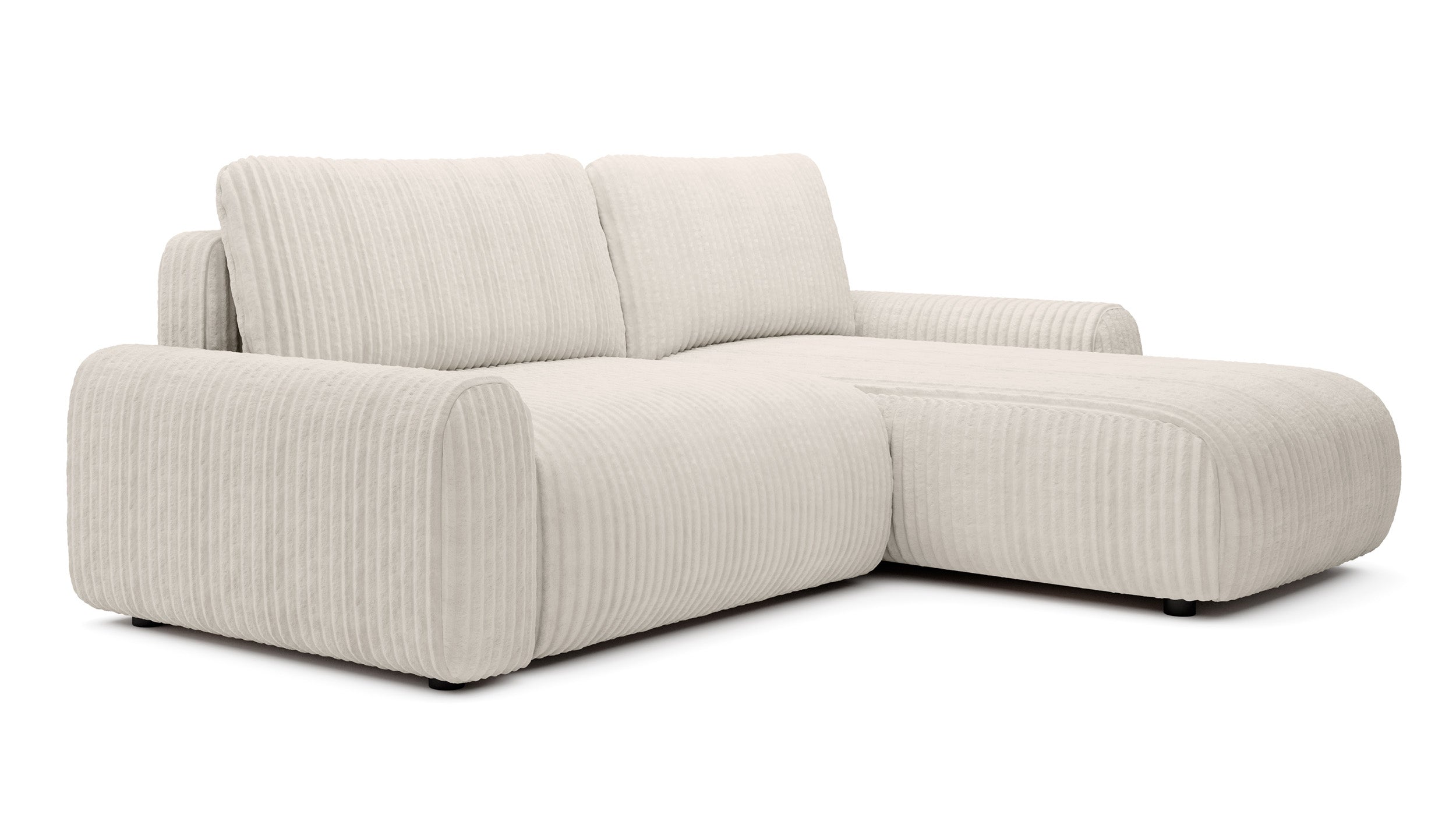 Ecksofa mit Schlaffunktion Lelu, L-förmig, universell, mit Stauraum, kremfarbener Cordstoff