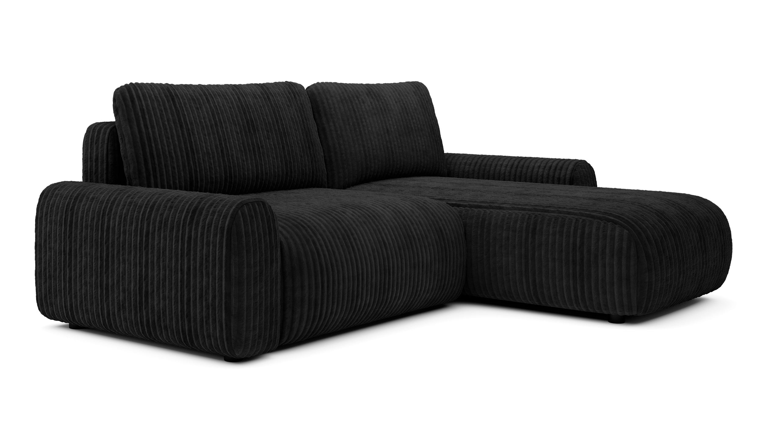 Ecksofa mit Schlaffunktion Lelu, L-förmig, universell, mit Stauraum, schwarzer Cordstoff