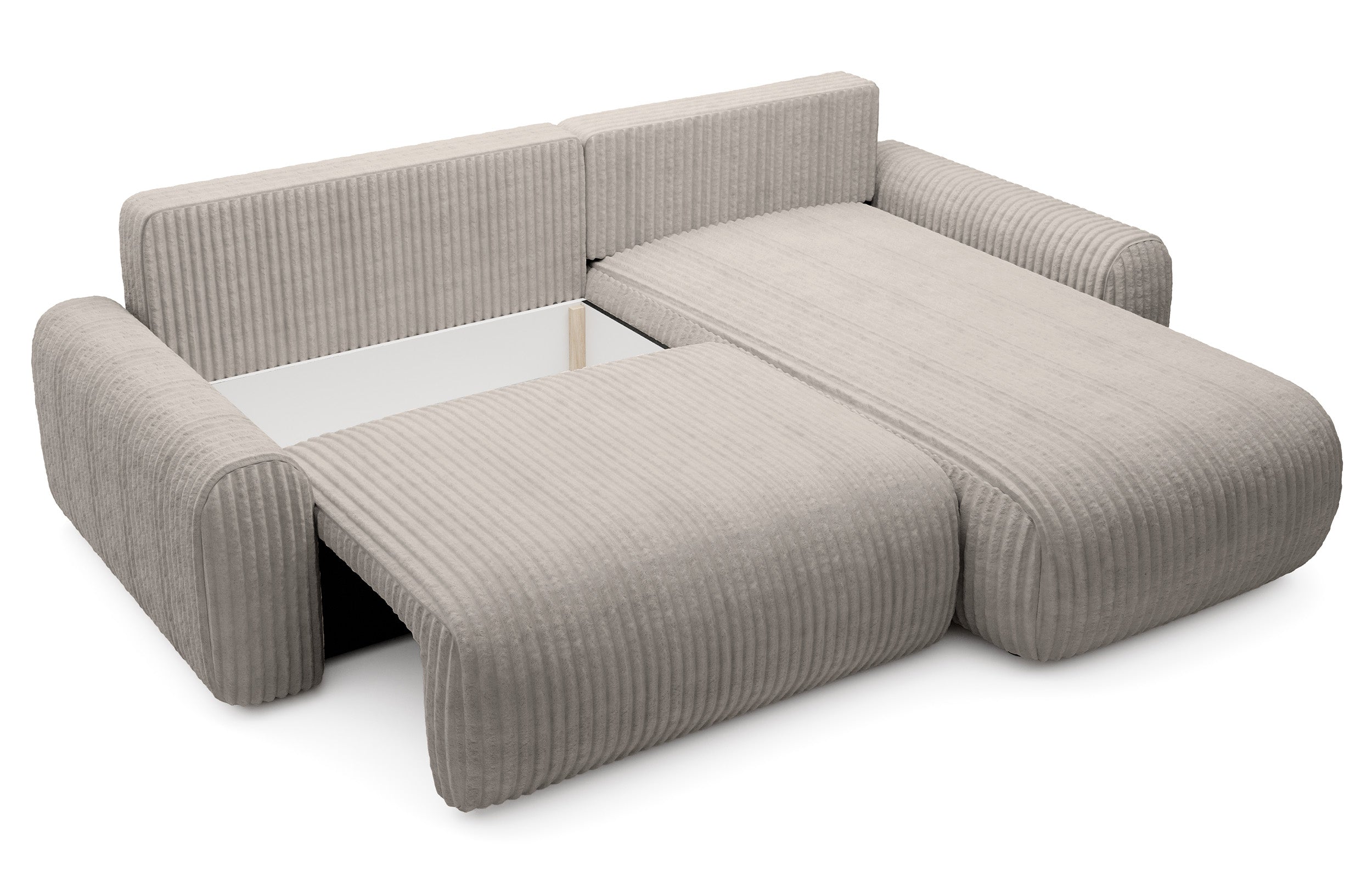 Ecksofa mit Schlaffunktion Lelu, L-förmig, universell, mit Stauraum, grau-beiger Cordstoff