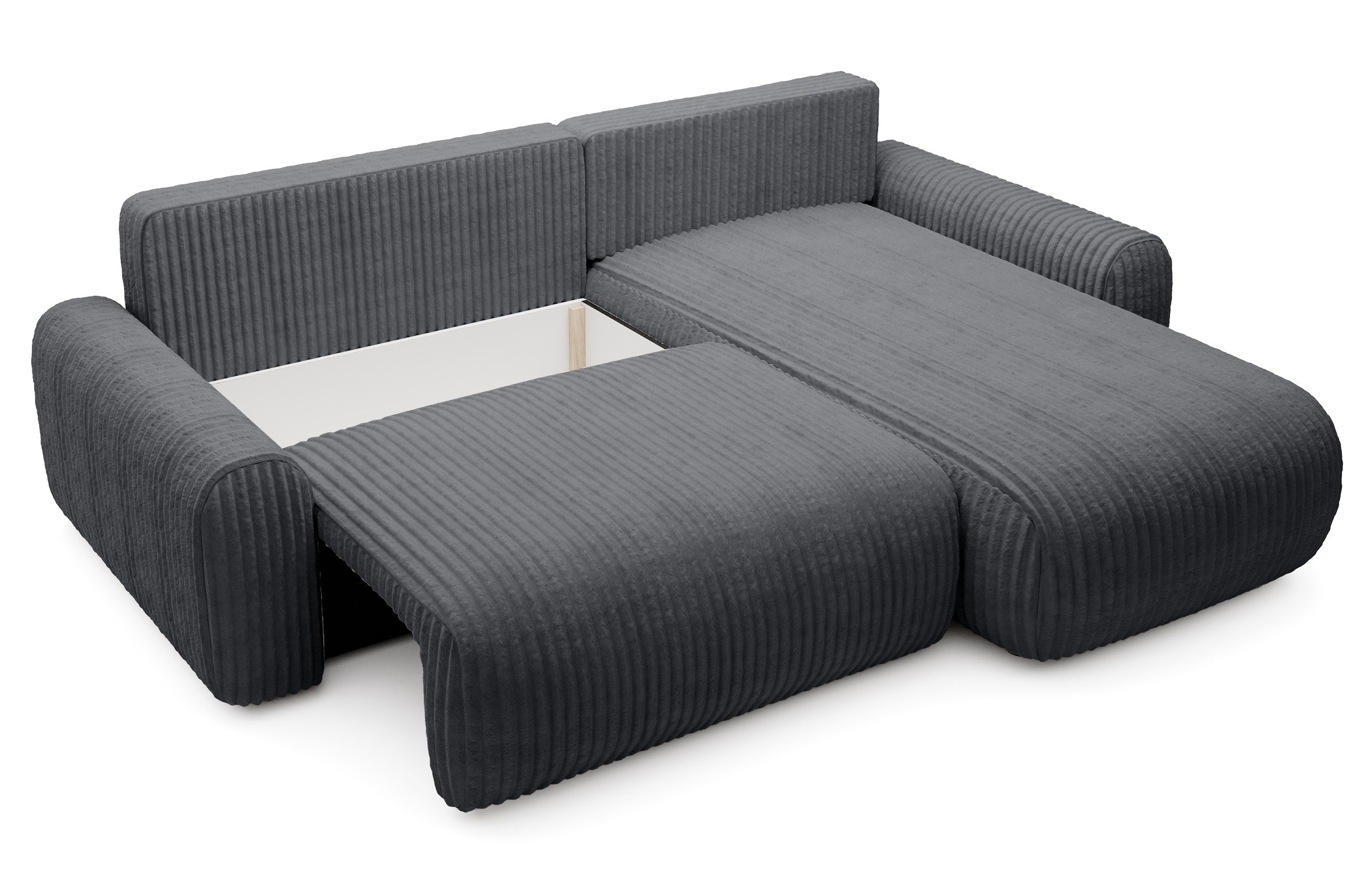 Ecksofa mit Schlafunktion Lelu, L-förmig, universell, mit Stauraum, dunkelgrauer Cordstoff