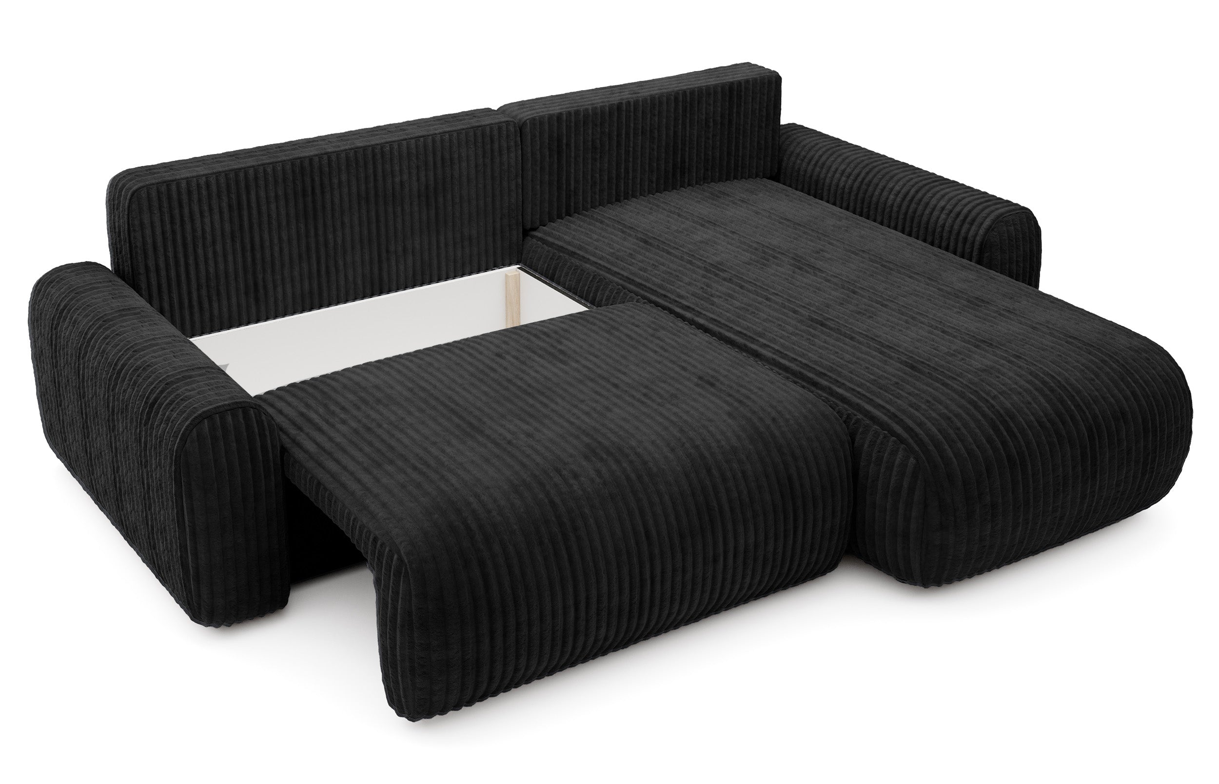 Ecksofa mit Schlaffunktion Lelu, L-förmig, universell, mit Stauraum, schwarzer Cordstoff