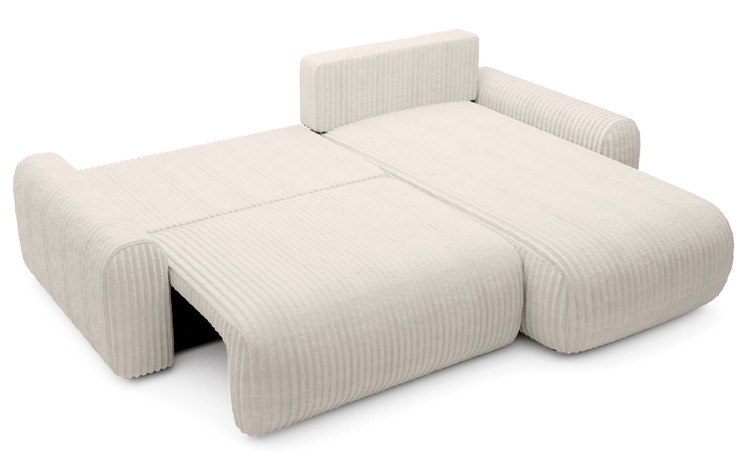 Ecksofa mit Schlaffunktion Lelu, L-förmig, universell, mit Stauraum, kremfarbener Cordstoff