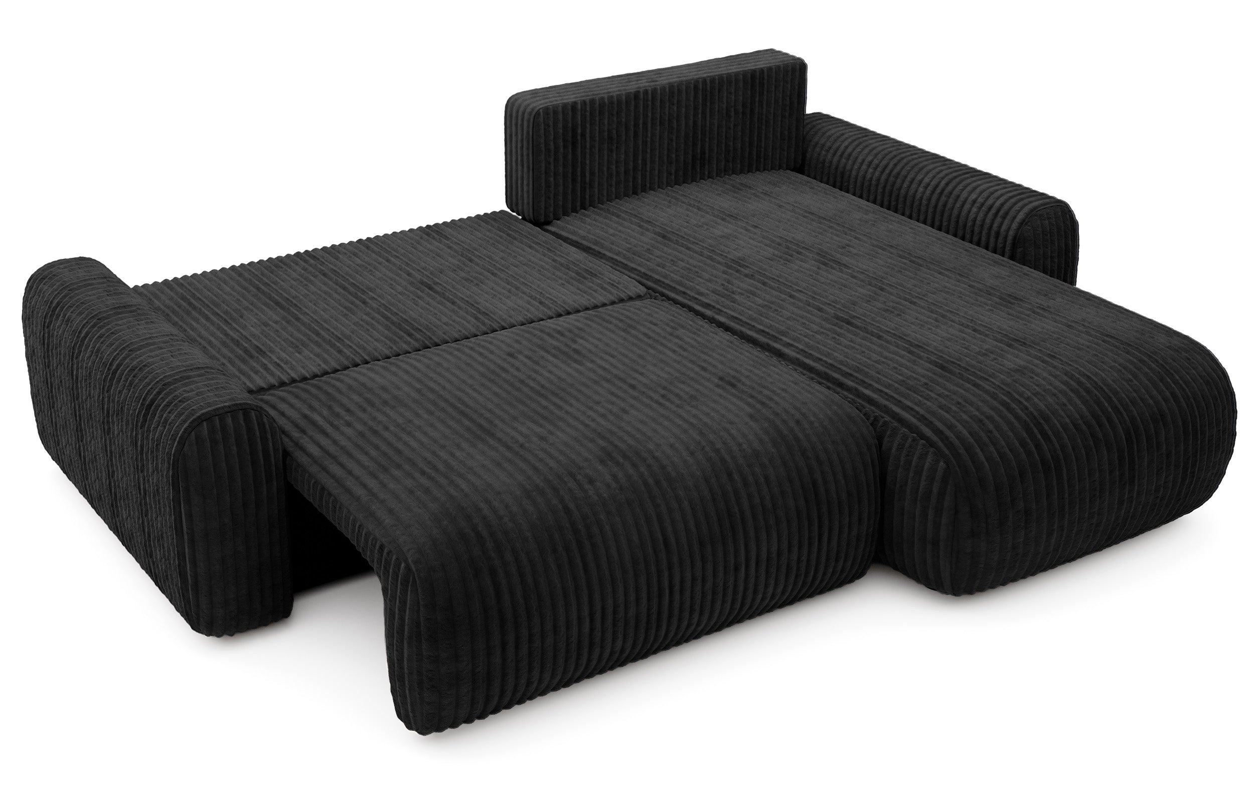 Ecksofa mit Schlaffunktion Lelu, L-förmig, universell, mit Stauraum, schwarzer Cordstoff