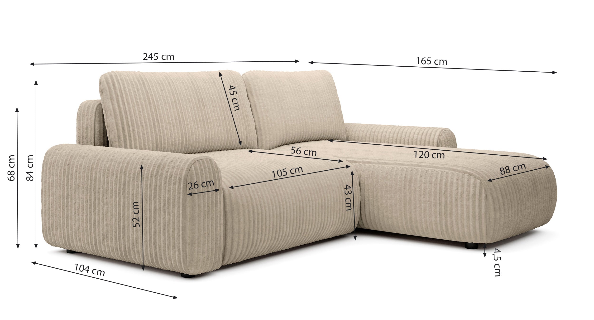 Ecksofa mit Schlaffunktion Lelu, L-förmig, universell, mit Stauraum, kremfarbener Cordstoff