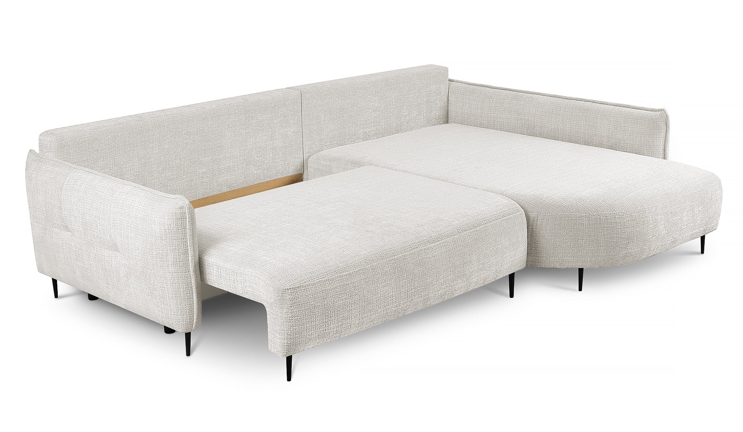 Ecksofa Oblivio mit Schlaffunktion, L-förmig, mit Stauraum, cremefarbener Chenille, rechtsseitig