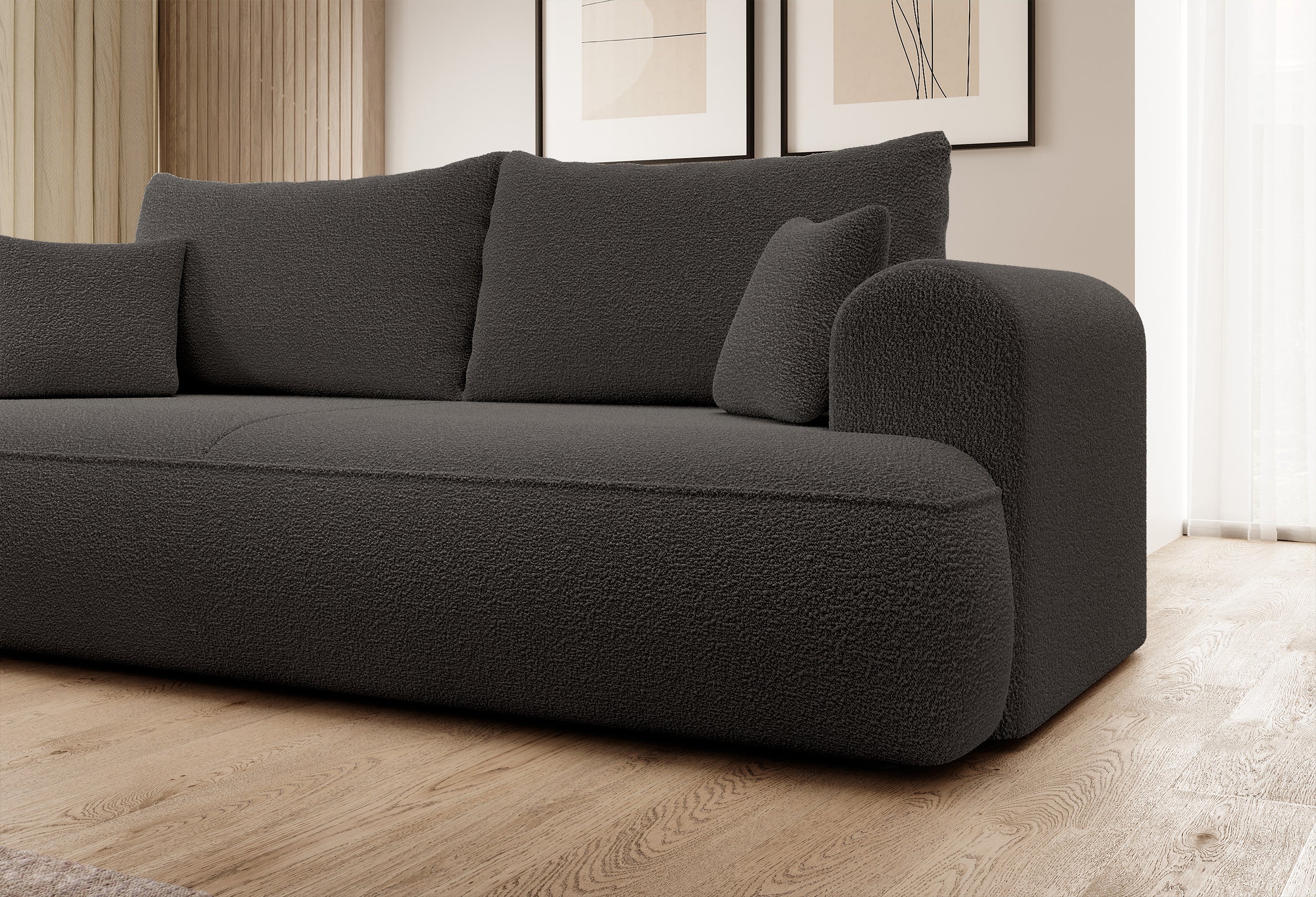 Dunkelgraues, dreisitziges Schlafsofa Ovo mit Stauraum aus Bouclé-Stoff