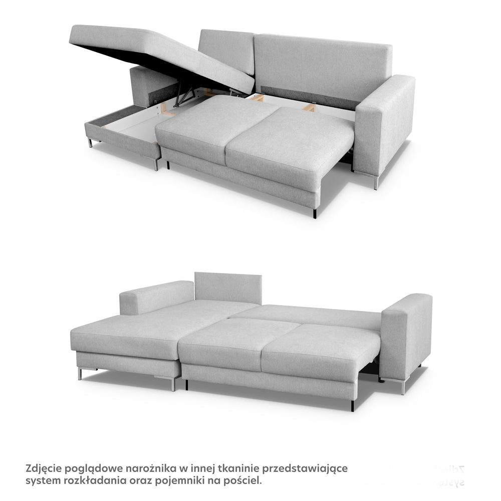 Ecksofa mit Schlaffunktion Mokpeo, L-förmig, mit zwei Stauraumfächern, schwarzen Füßen, marineblau, aus leicht zu reinigendem Stoff, linksseitig