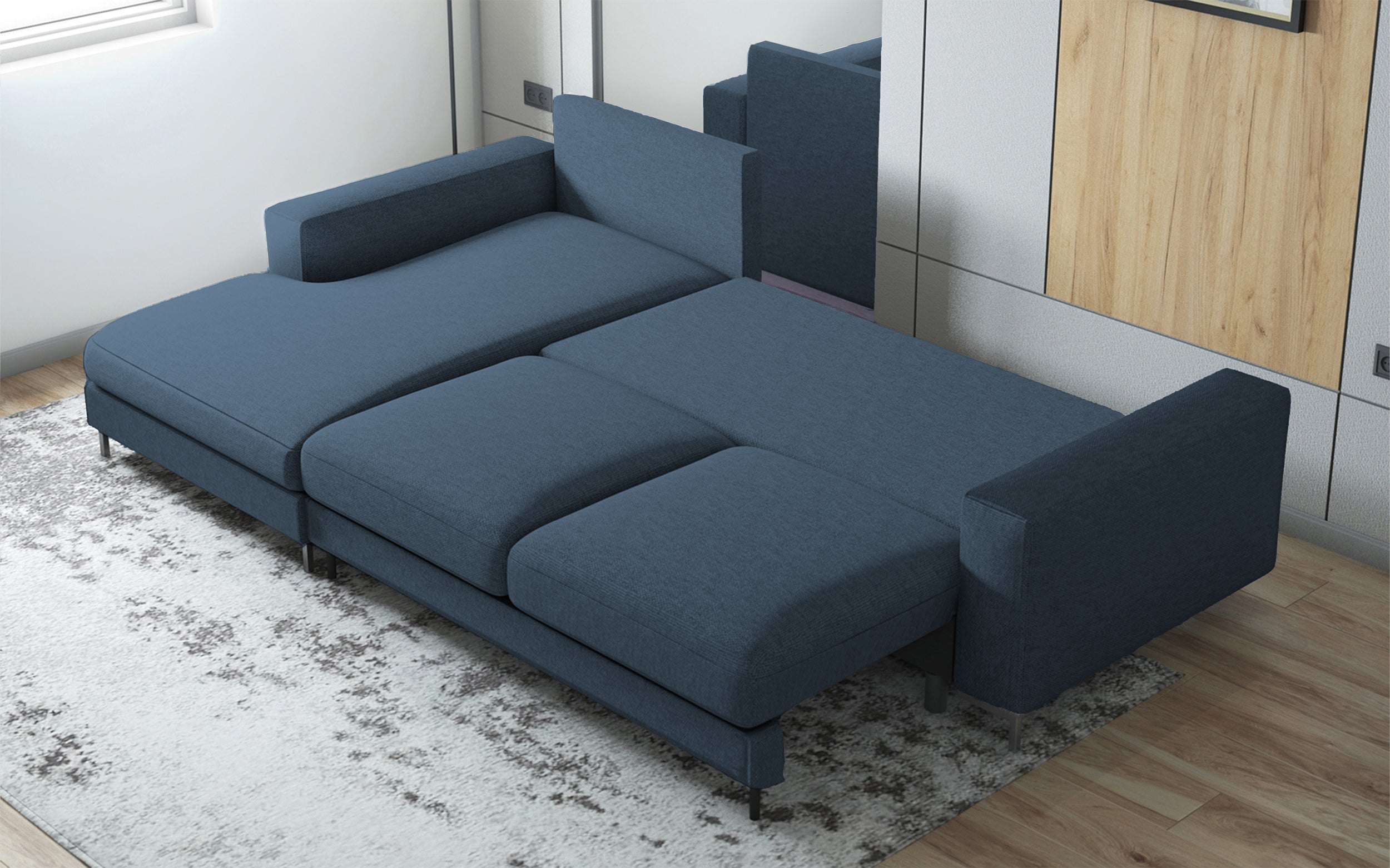 Ecksofa mit Schlaffunktion Mokpeo, L-förmig, mit zwei Stauraumfächern, schwarzen Füßen, marineblau, aus leicht zu reinigendem Stoff, linksseitig