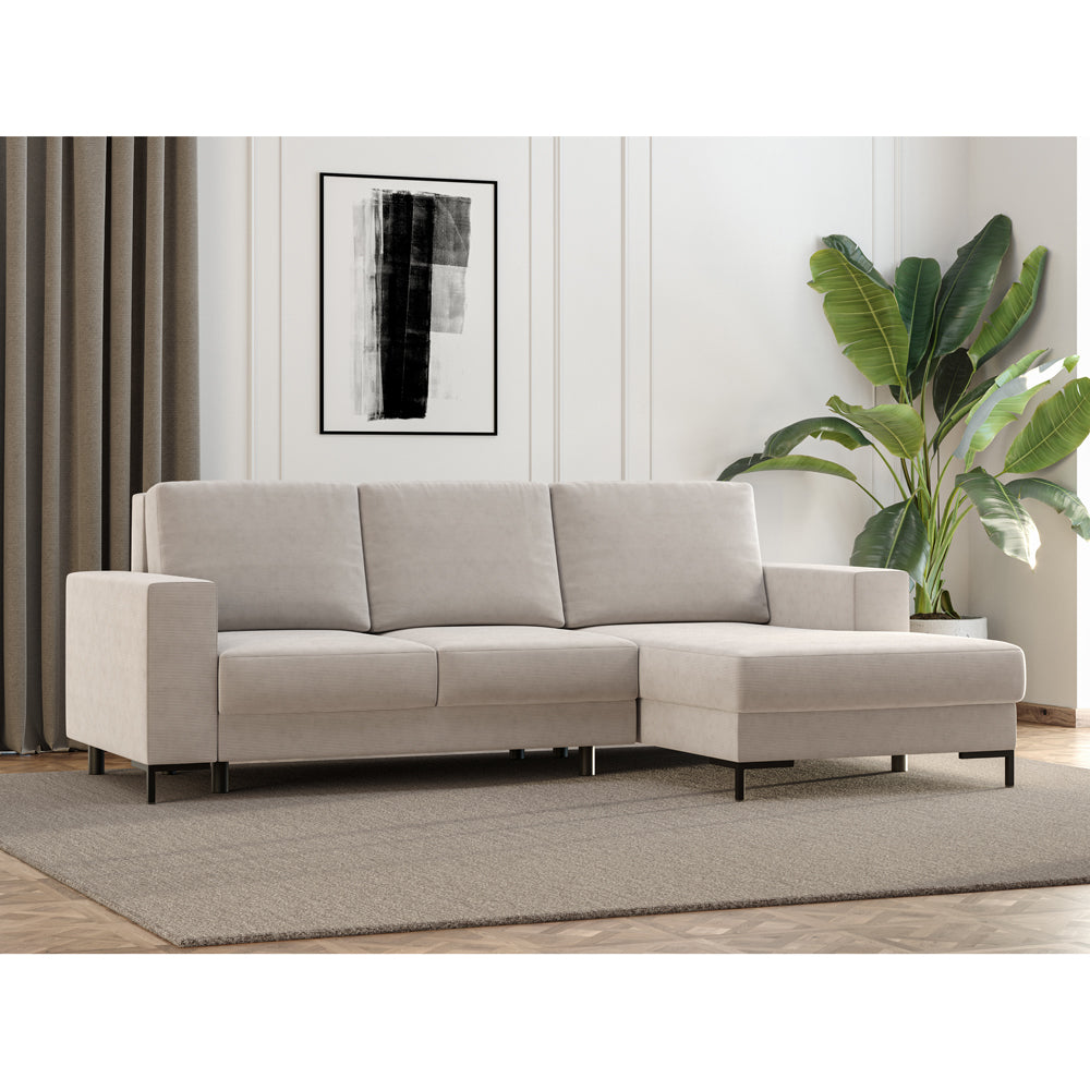 Ecksofa mit Schlafunktion Mokpeo, L-förmig, mit zwei Stauraumfächern auf schwarzen Füßen, beige Cordstoff, rechtsseitig