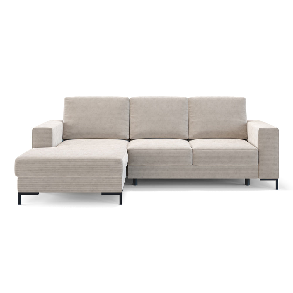 Ecksofa mit Schlaffunktion Mokpeo, L-förmig, mit zwei Stauraumfächern, auf schwarzen Füßen, beige Cordstoff, linksseitig