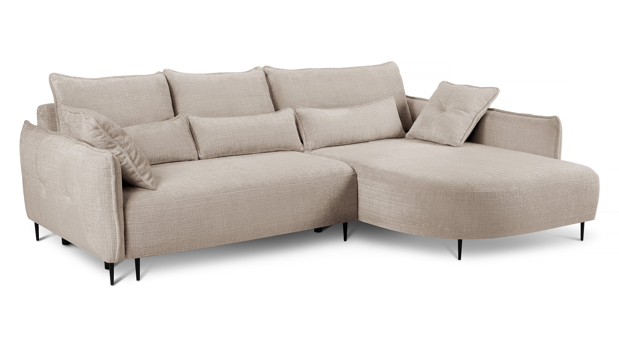 Ecksofa Oblivio mit Schlaffunktion, L-förmig, mit Stauraum, hellbeiger Chenille, rechtsseitig