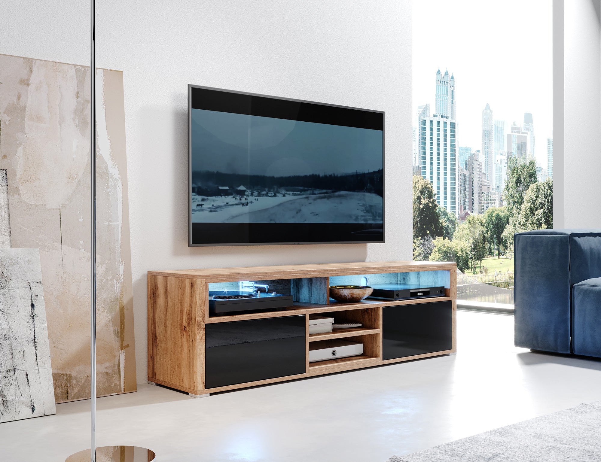 TV-Schrank Laksa Wotan-Eiche / Schwarz Hochglanz mit Beleuchtung