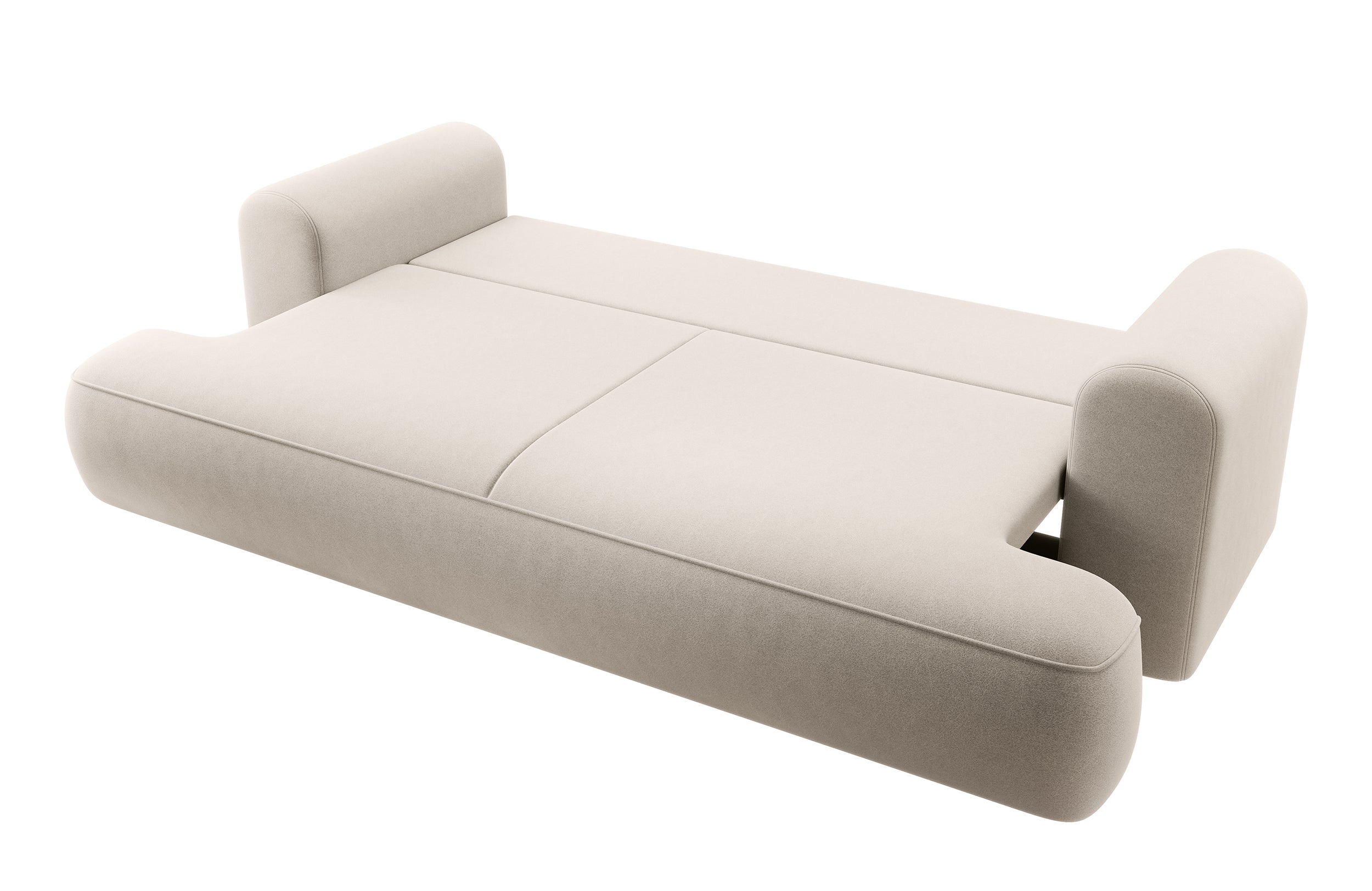 Dreisitziges ausklappbares Sofa Ovo mit Stauraum, hellbeiger Velours aus leicht zu reinigendem Stoff