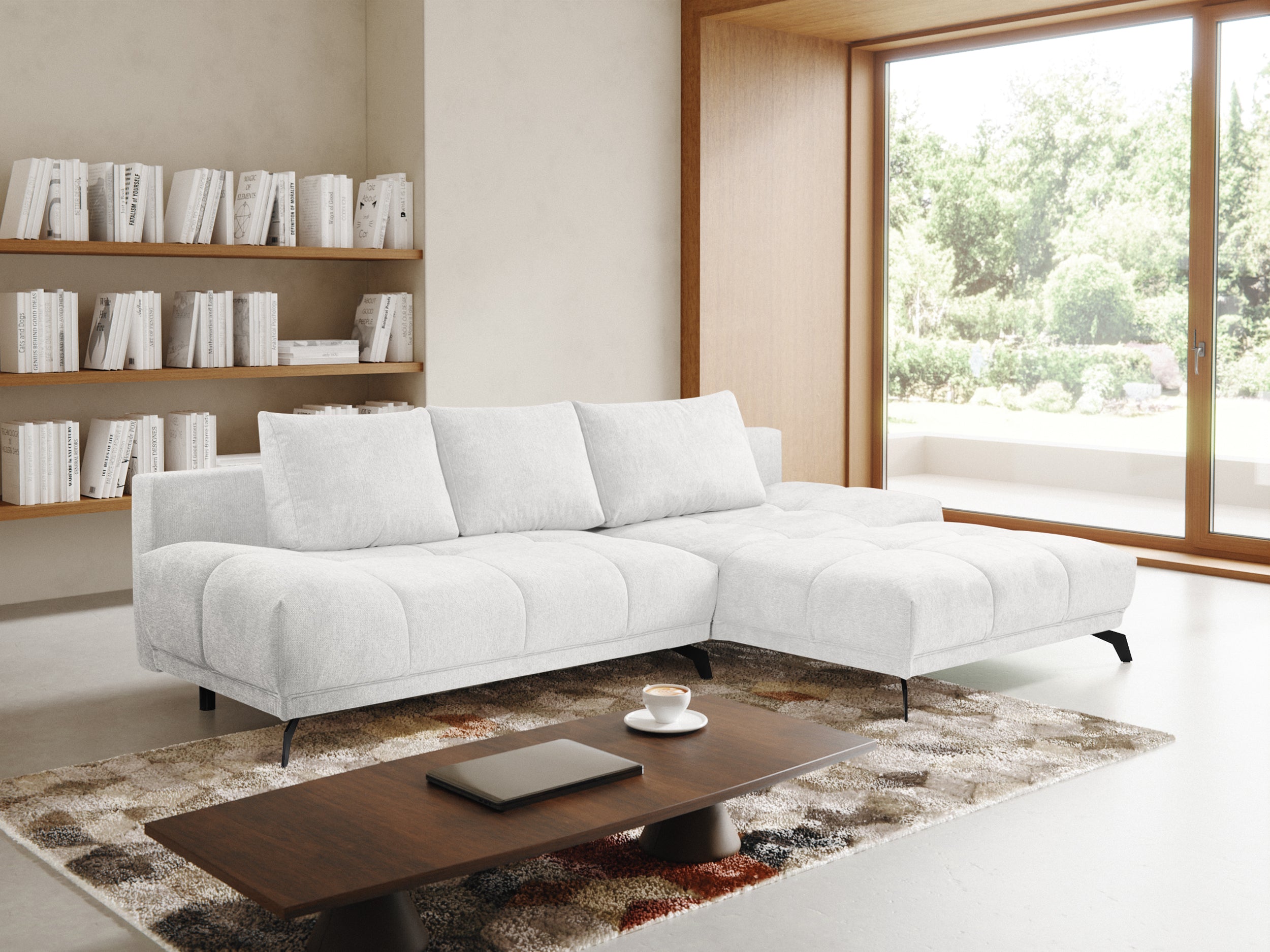 Ecksofa mit Schlaffunktion Felipe, L-förmig, rechtsseitig, mit Stauraum, weißer hydrophober Chenille-Stoff