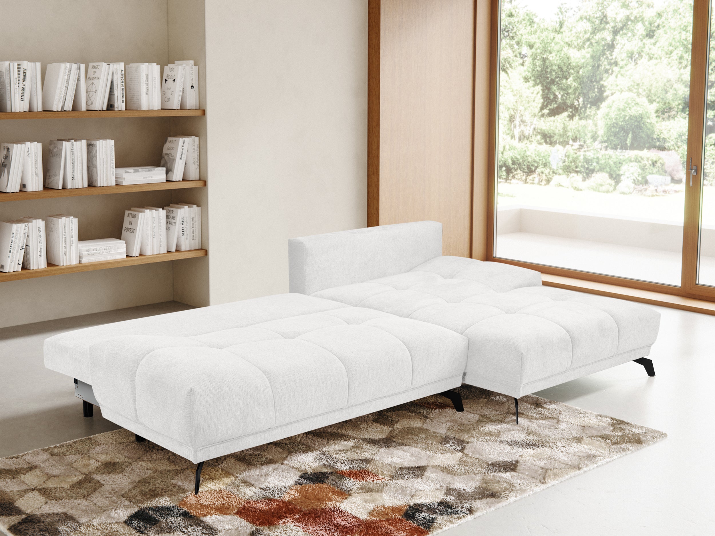 Ecksofa mit Schlaffunktion Felipe, L-förmig, rechtsseitig, mit Stauraum, weißer hydrophober Chenille-Stoff