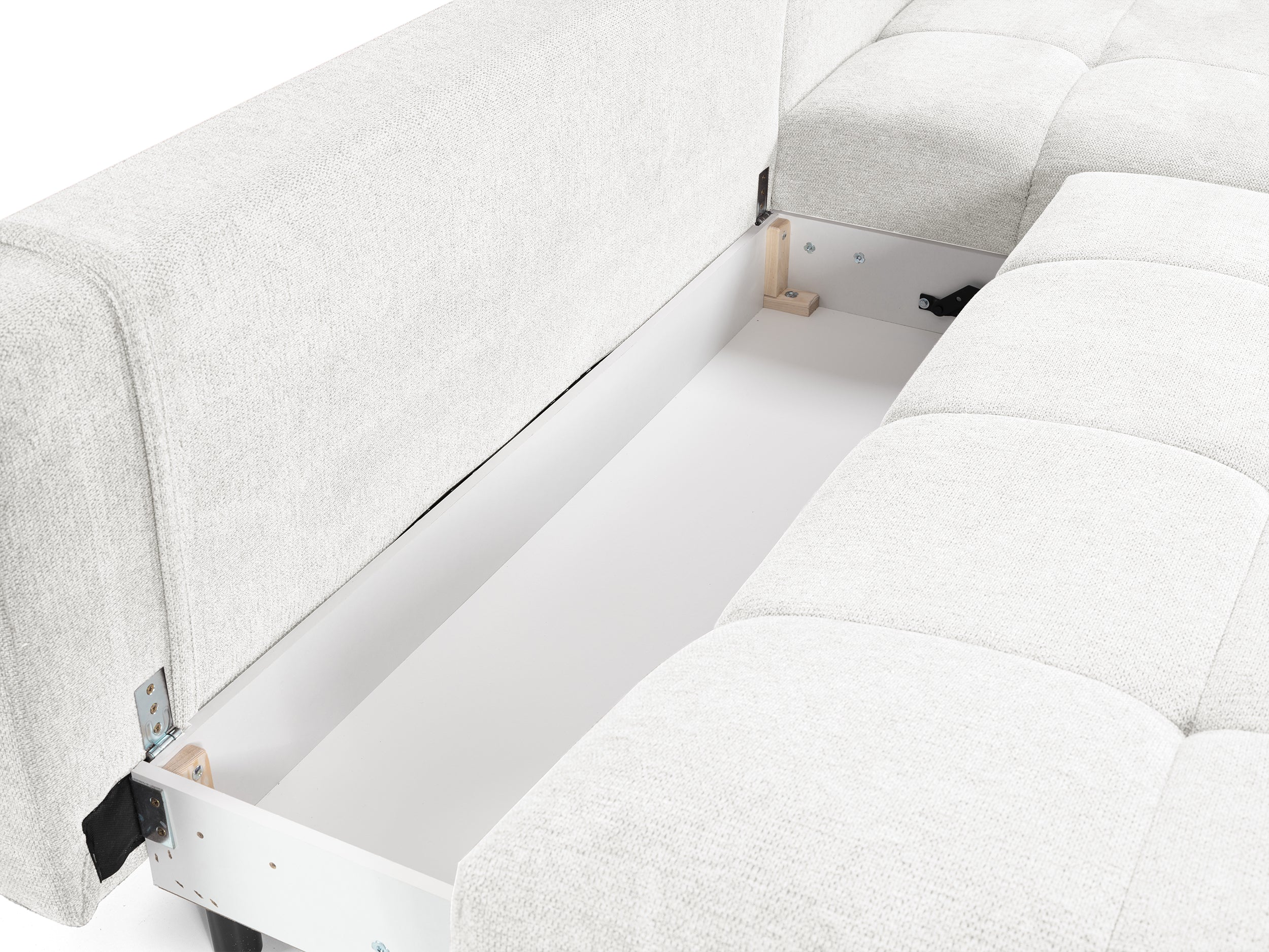 Ecksofa mit Schlaffunktion Felipe, L-förmig, rechtsseitig, mit Stauraum, weißer hydrophober Chenille-Stoff