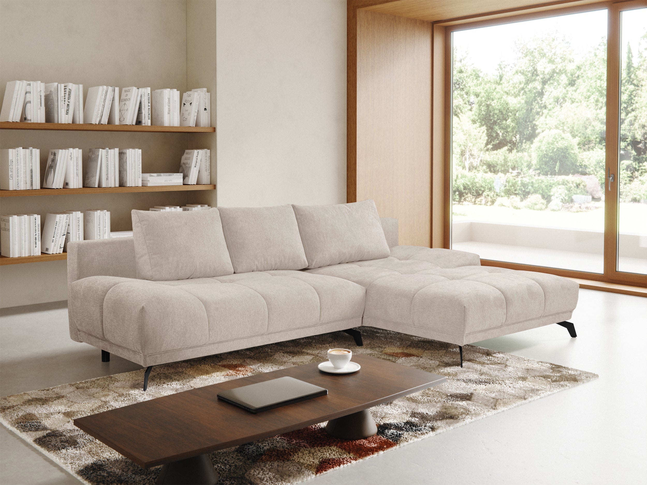 Ecksofa mit Schlaffunktion Felipe, L-förmig, rechtsseitig, mit Stauraum, hellbeige, hydrophobes Chenille