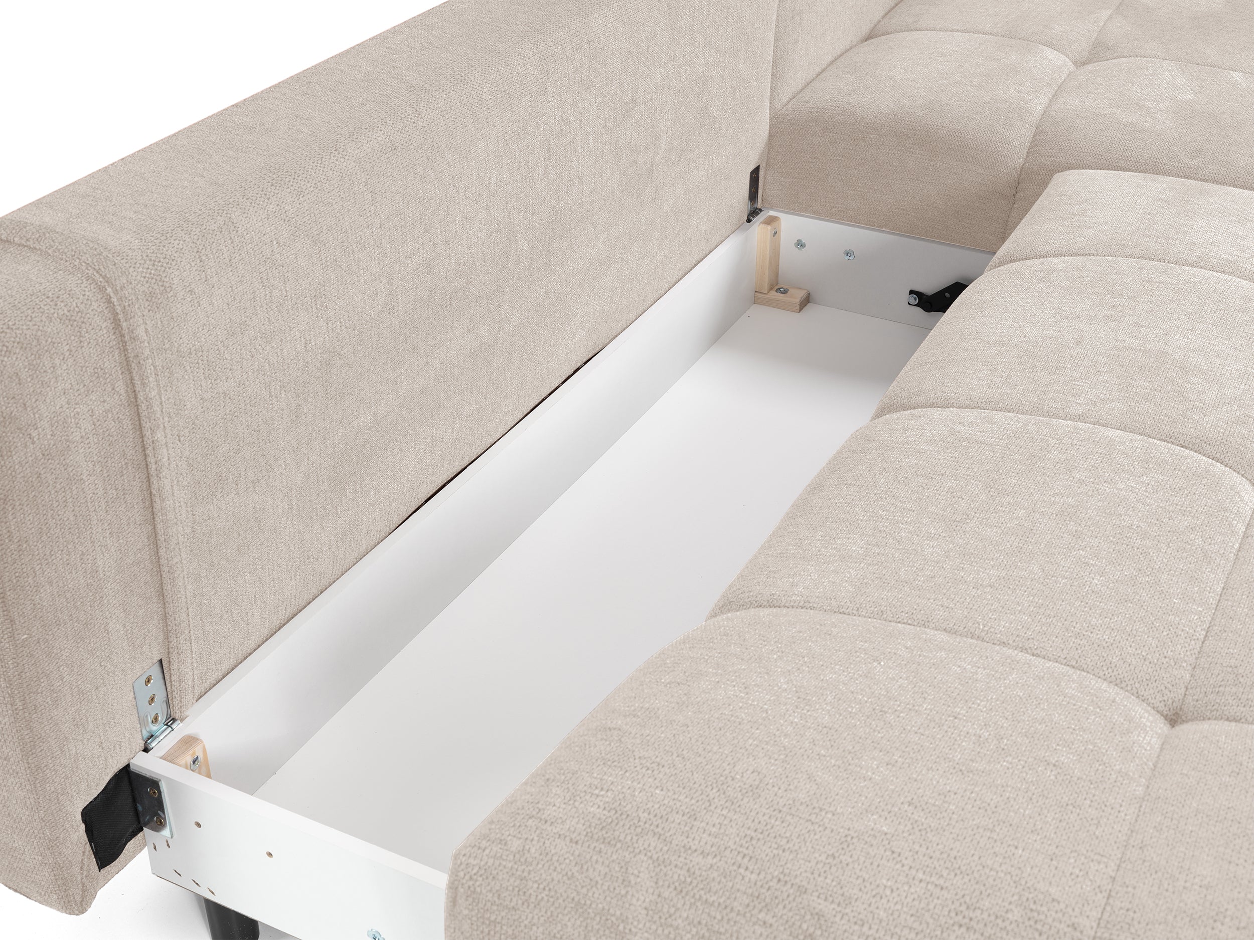 Ecksofa mit Schlaffunktion Felipe, L-förmig, rechtsseitig, mit Stauraum, hellbeige, hydrophobes Chenille