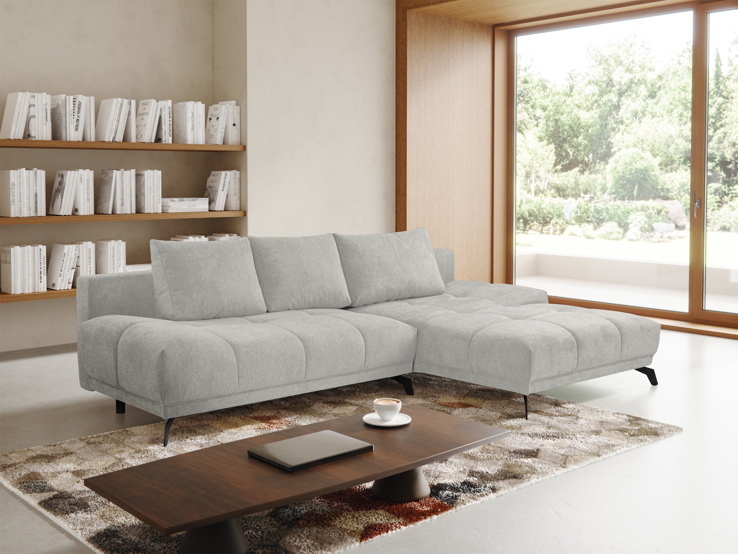 Felipe Ecksofa mit Schlaffunktion, L-Form, rechtsseitig, mit Stauraum, hellgrauer hydrophober Chenillestoff