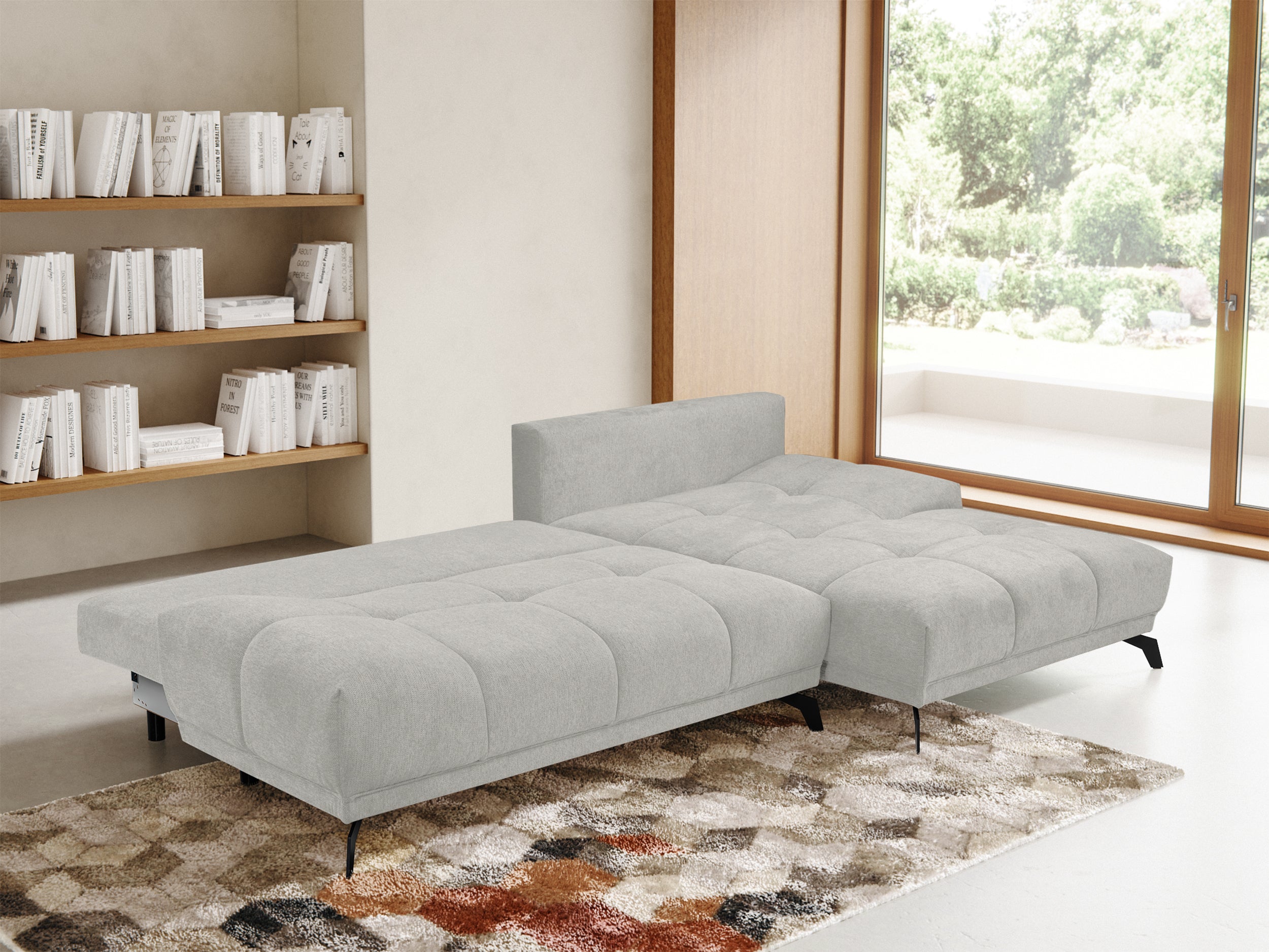 Felipe Ecksofa mit Schlaffunktion, L-Form, rechtsseitig, mit Stauraum, hellgrauer hydrophober Chenillestoff
