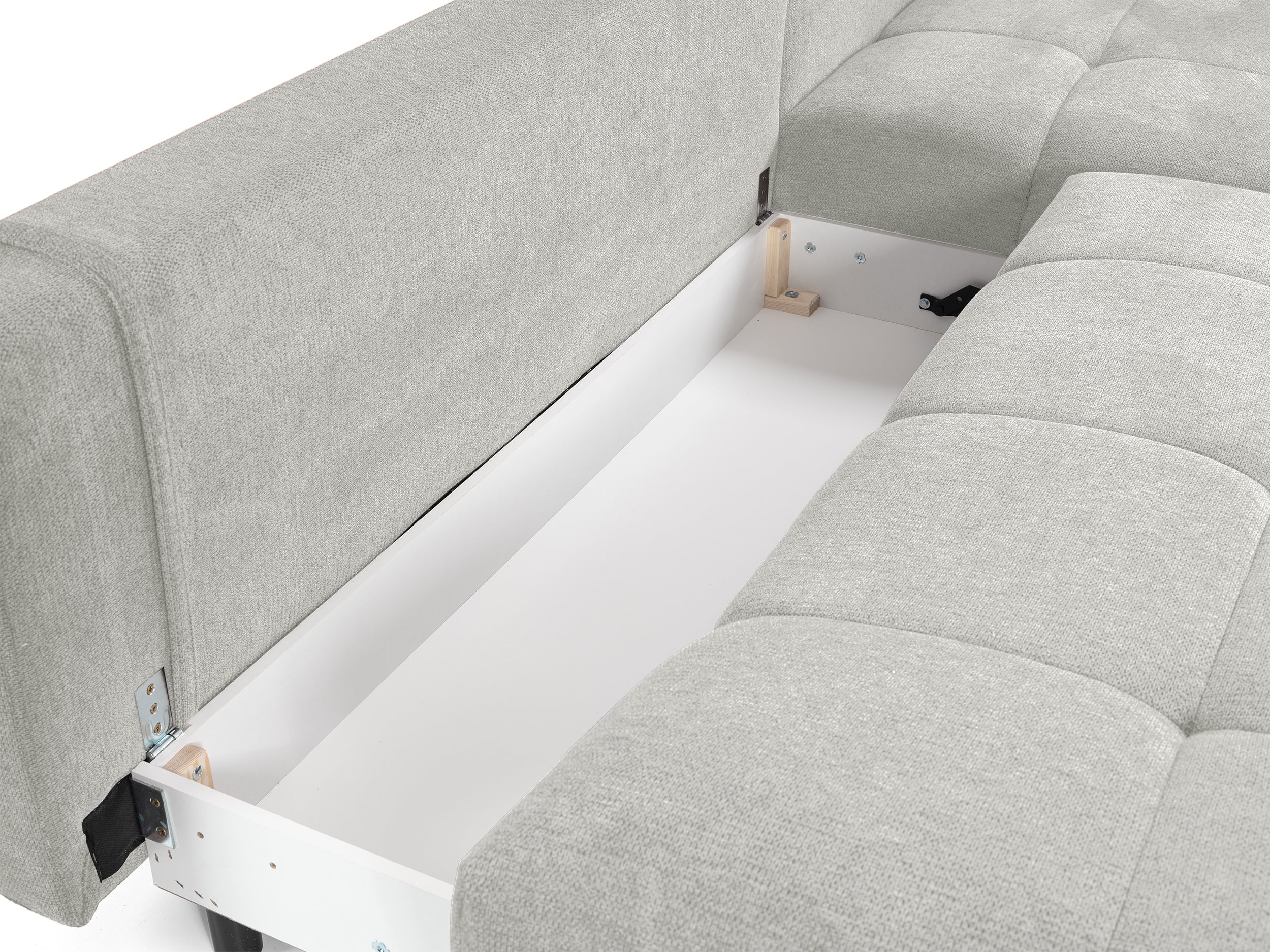 Felipe Ecksofa mit Schlaffunktion, L-Form, rechtsseitig, mit Stauraum, hellgrauer hydrophober Chenillestoff
