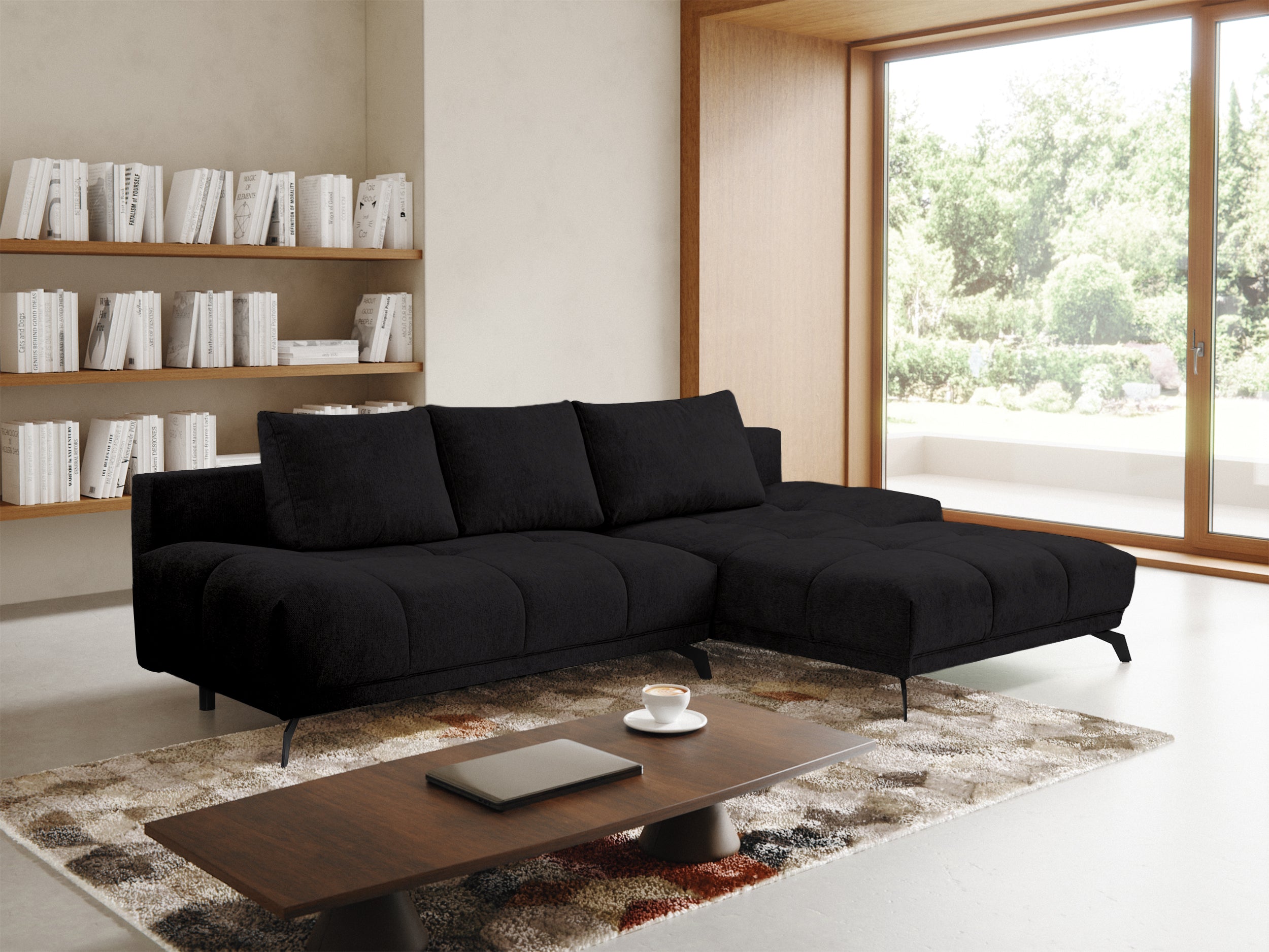 Ecksofa mit Schlaffunktion Felipe, L-förmig, rechtsseitig, mit Stauraum, schwarzer hydrophober Chenille-Bezug