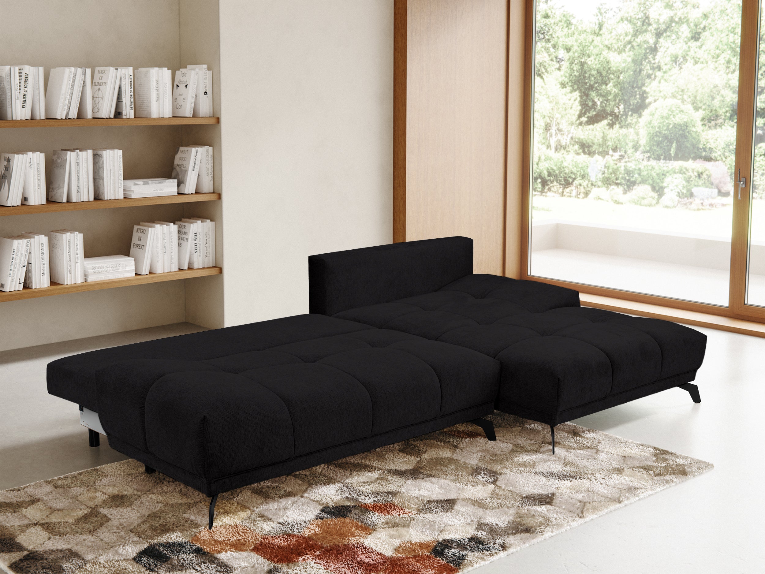 Ecksofa mit Schlaffunktion Felipe, L-förmig, rechtsseitig, mit Stauraum, schwarzer hydrophober Chenille-Bezug