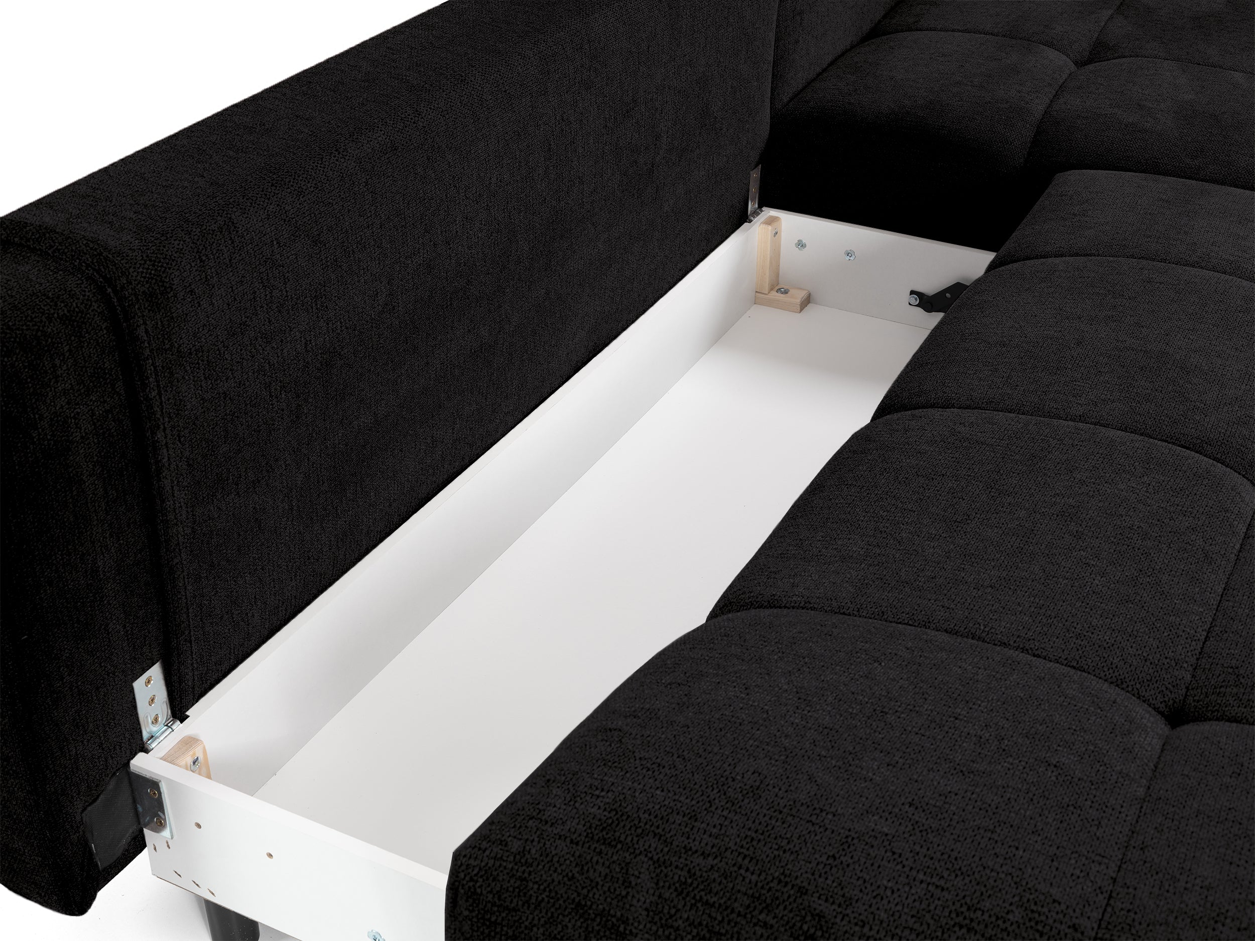 Ecksofa mit Schlaffunktion Felipe, L-förmig, rechtsseitig, mit Stauraum, schwarzer hydrophober Chenille-Bezug