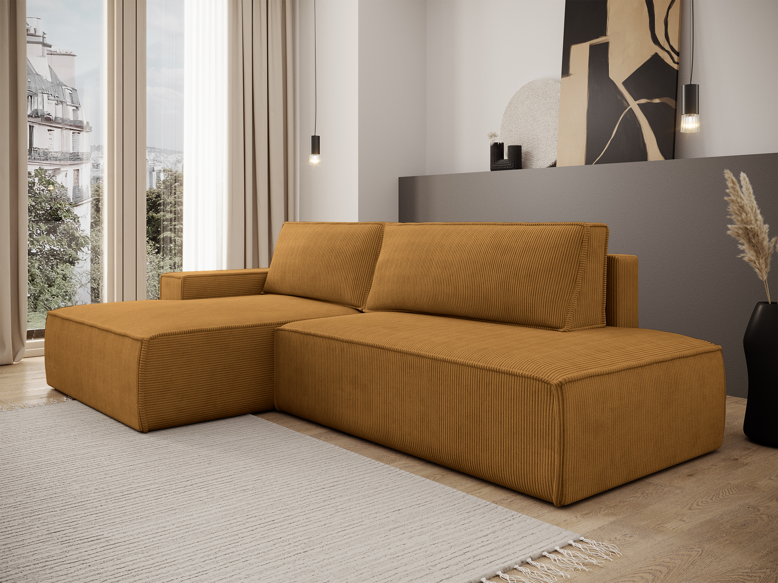Ecksofa mit Schlaffunktion Felicjo, L-förmig, linksseitig, mit Stauraum, senfgelber Cordstoff