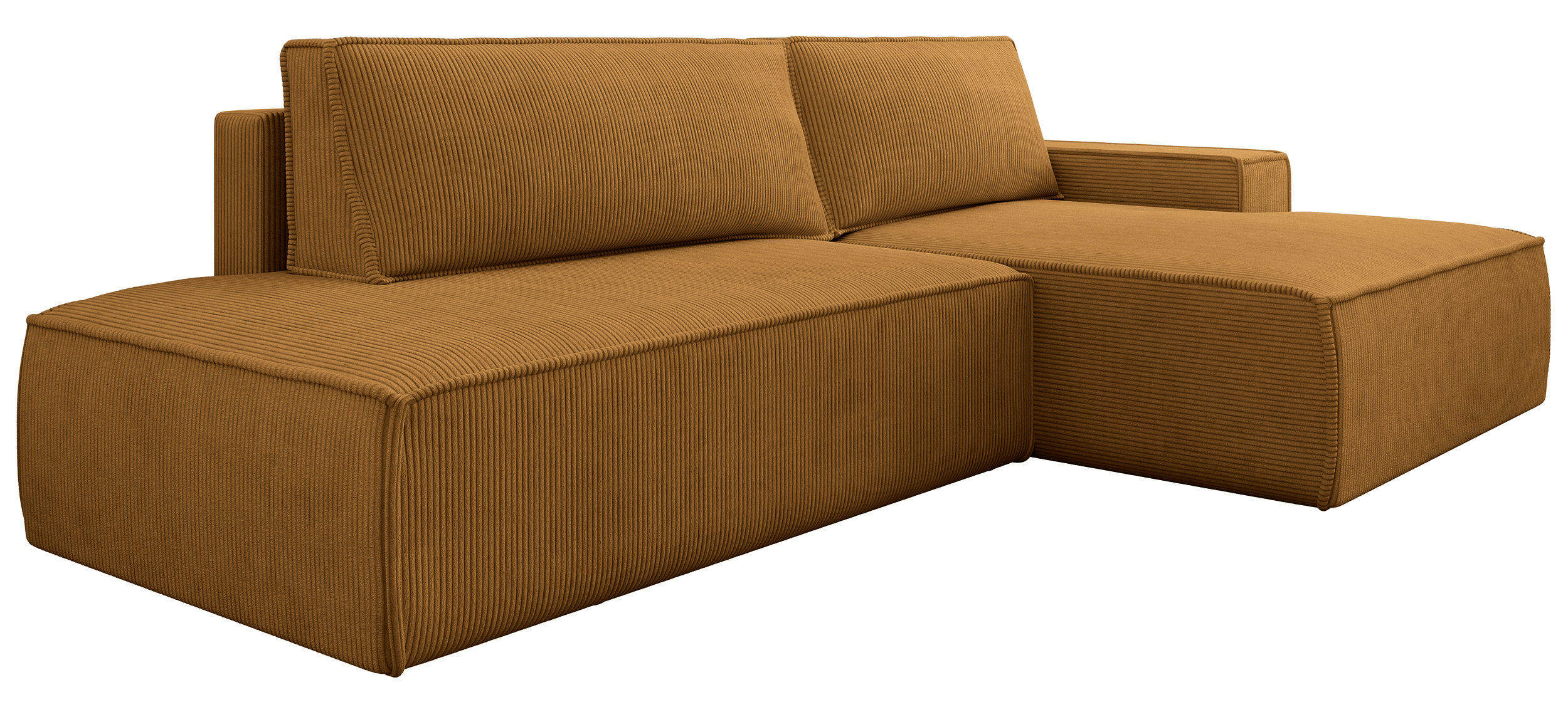 Ecksofa mit Schlaffunktion Felicjo, L-förmig, rechtsseitig mit Stauraum, senfgelber Cordstoff