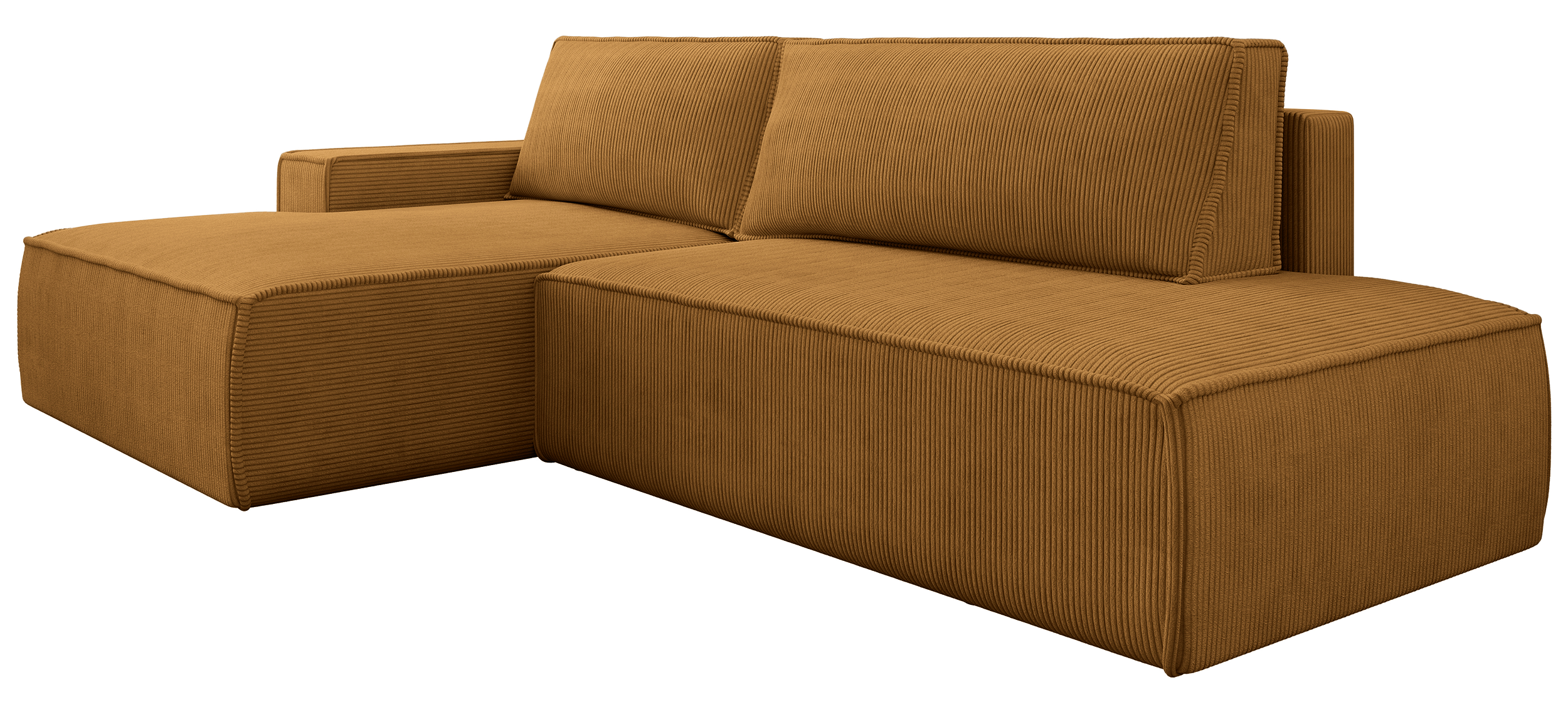 Ecksofa mit Schlaffunktion Felicjo, L-förmig, linksseitig, mit Stauraum, senfgelber Cordstoff