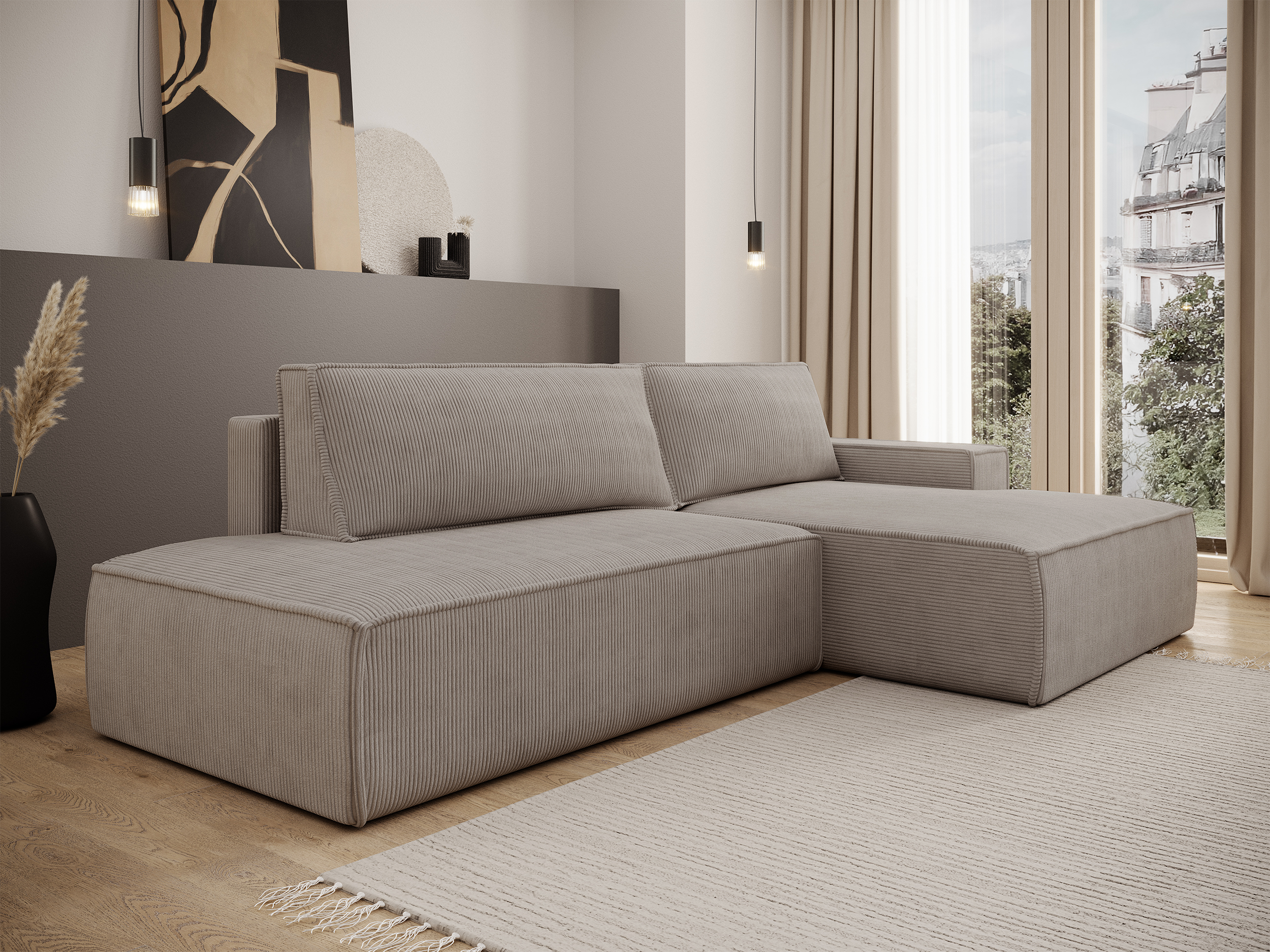 Ecksofa mit Schlaffunktion Felicjo, L-Form, rechtsseitig, mit Stauraum, beige Cordstoff