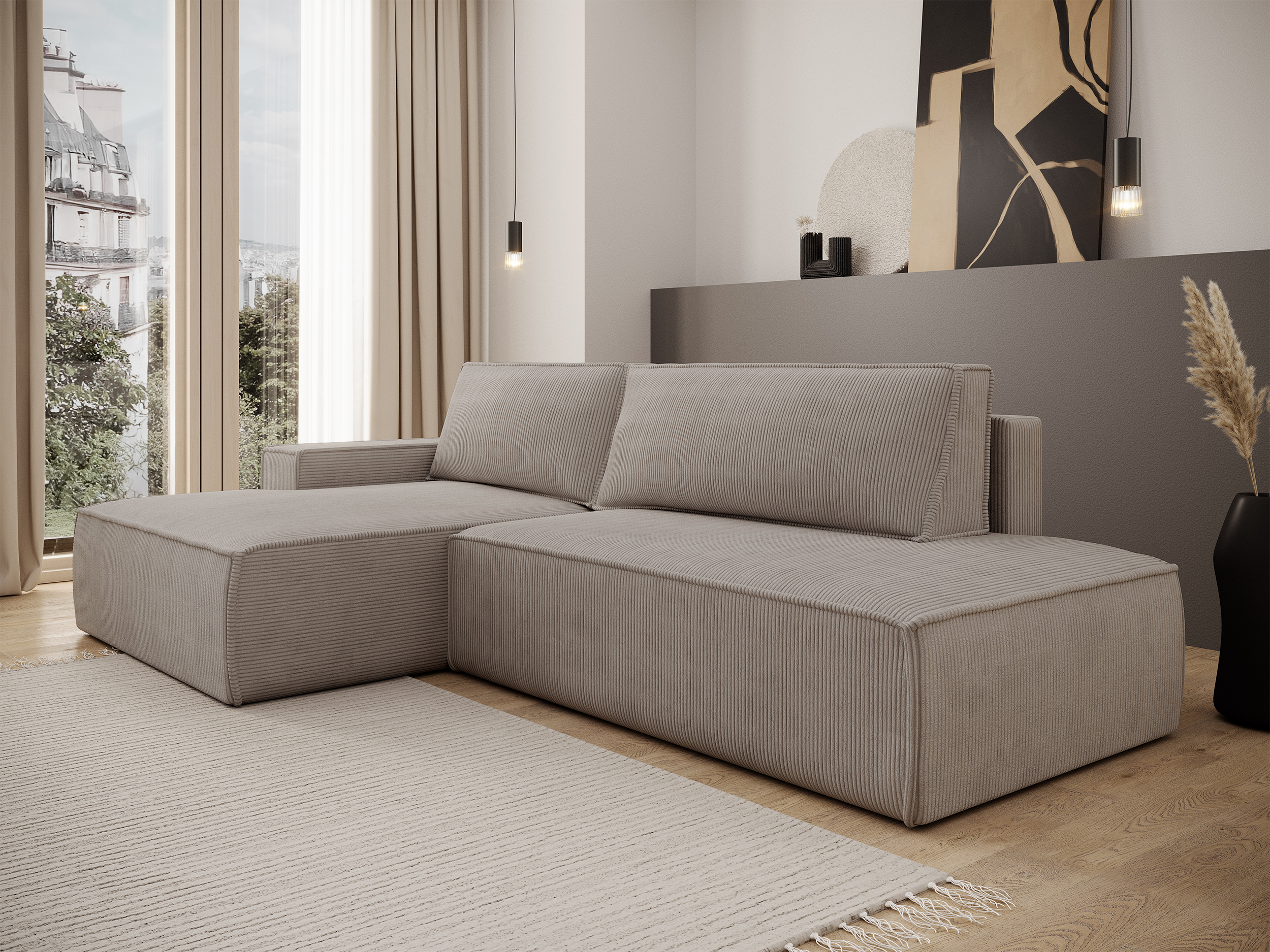 Ecksofa mit Schlaffunktion Felicjo, L-förmig, linksseitig, mit Stauraum, beiger Cordstoff