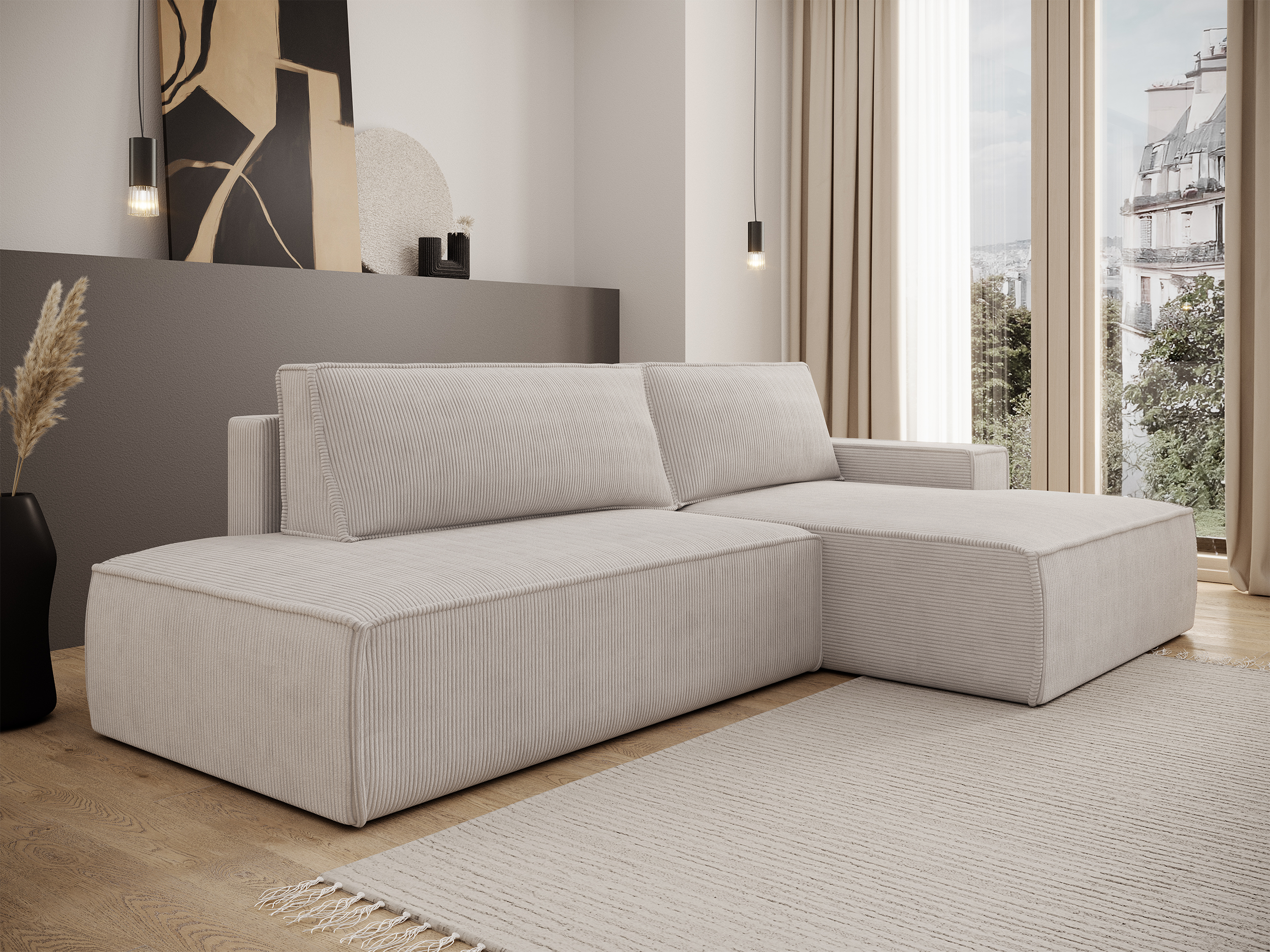 Ecksofa mit Schlaffunktion Felicjo, L-förmig, rechtsseitig, mit Stauraum, grau-beige Cordstoff