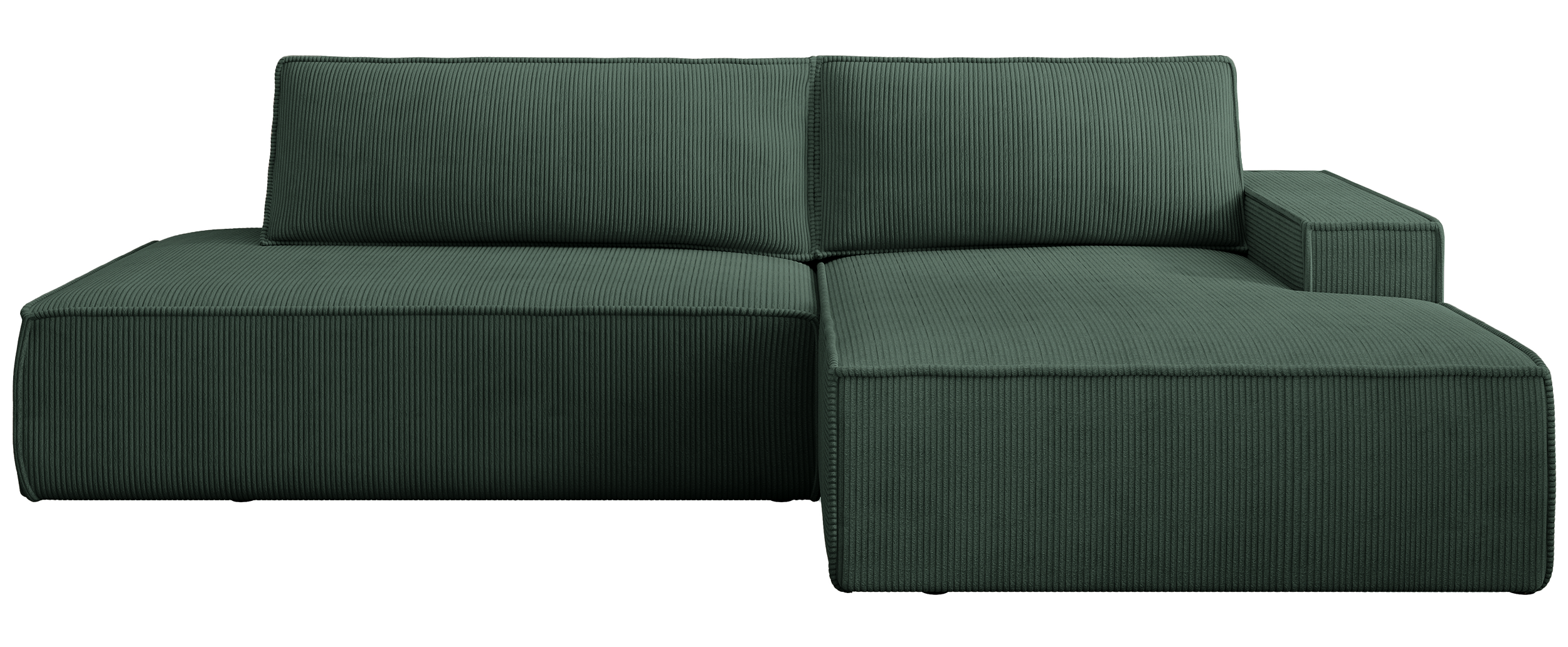 Ecksofa mit Schlaffunktion Felicjo, L-förmig, rechtsseitig, mit Stauraum, dunkelgrüner Cordstoff