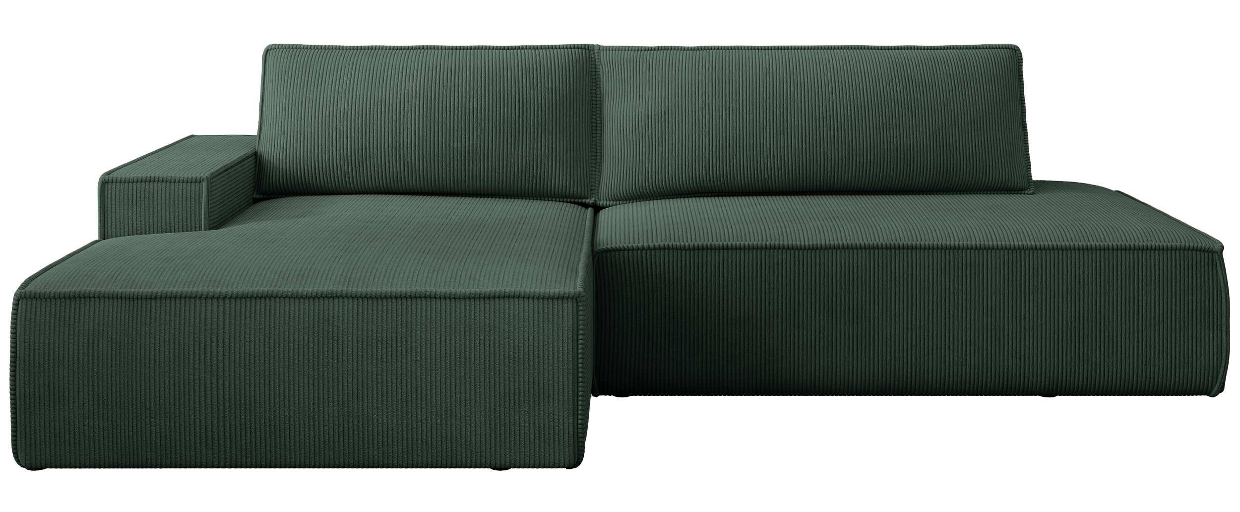 Ecksofa mit Schlaffunktion Felicjo, L-förmig, linksseitig, mit Stauraum, dunkelgrüner Cordstoff
