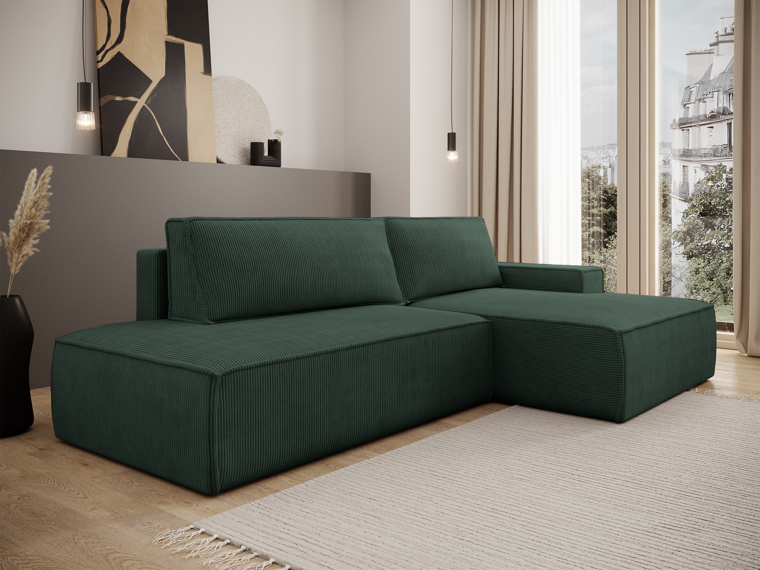 Ecksofa mit Schlaffunktion Felicjo, L-förmig, rechtsseitig, mit Stauraum, dunkelgrüner Cordstoff