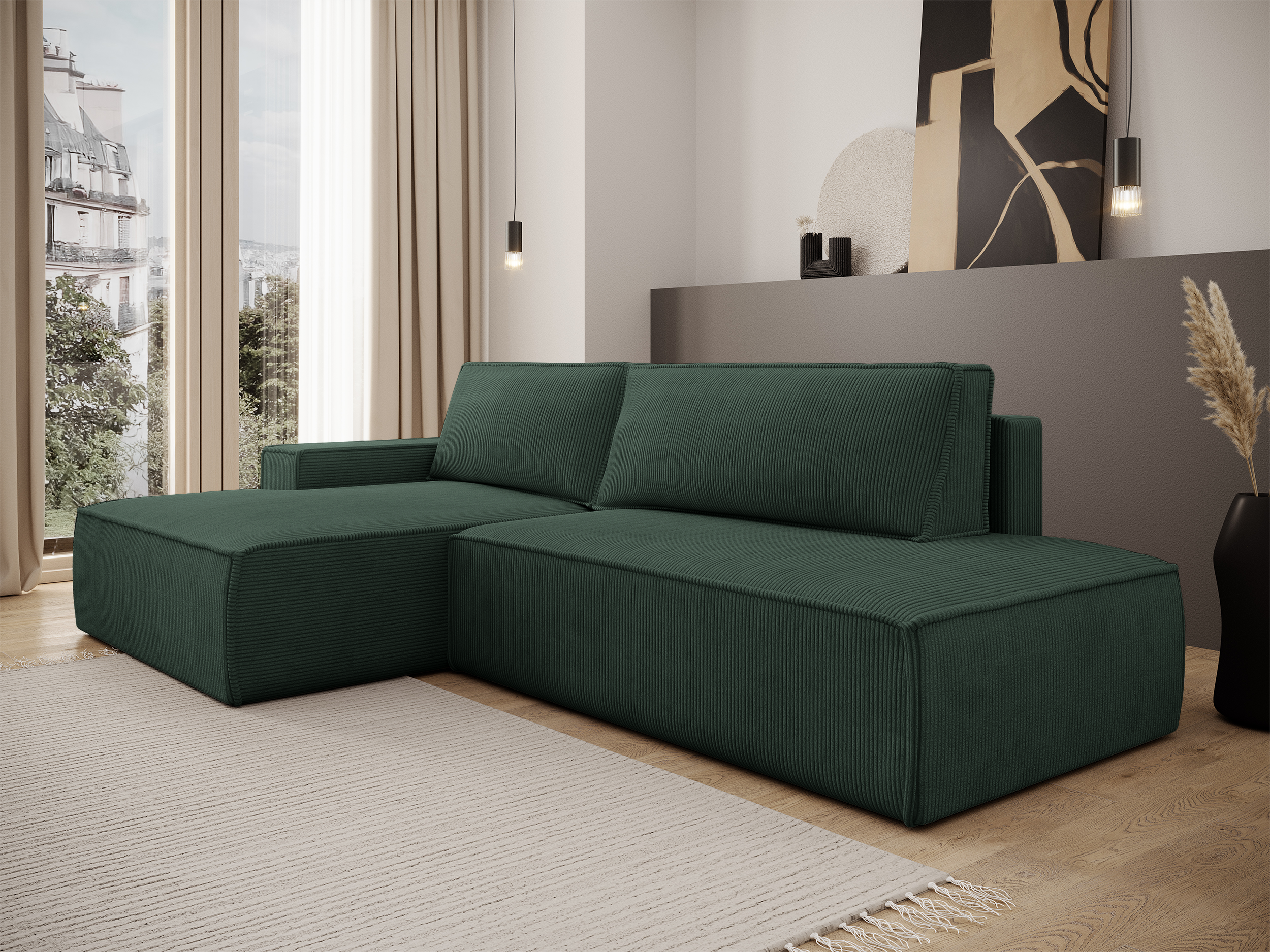 Ecksofa mit Schlaffunktion Felicjo, L-förmig, linksseitig, mit Stauraum, dunkelgrüner Cordstoff