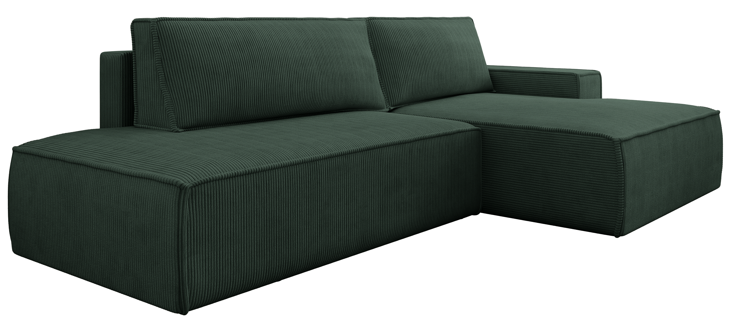 Ecksofa mit Schlaffunktion Felicjo, L-förmig, rechtsseitig, mit Stauraum, dunkelgrüner Cordstoff
