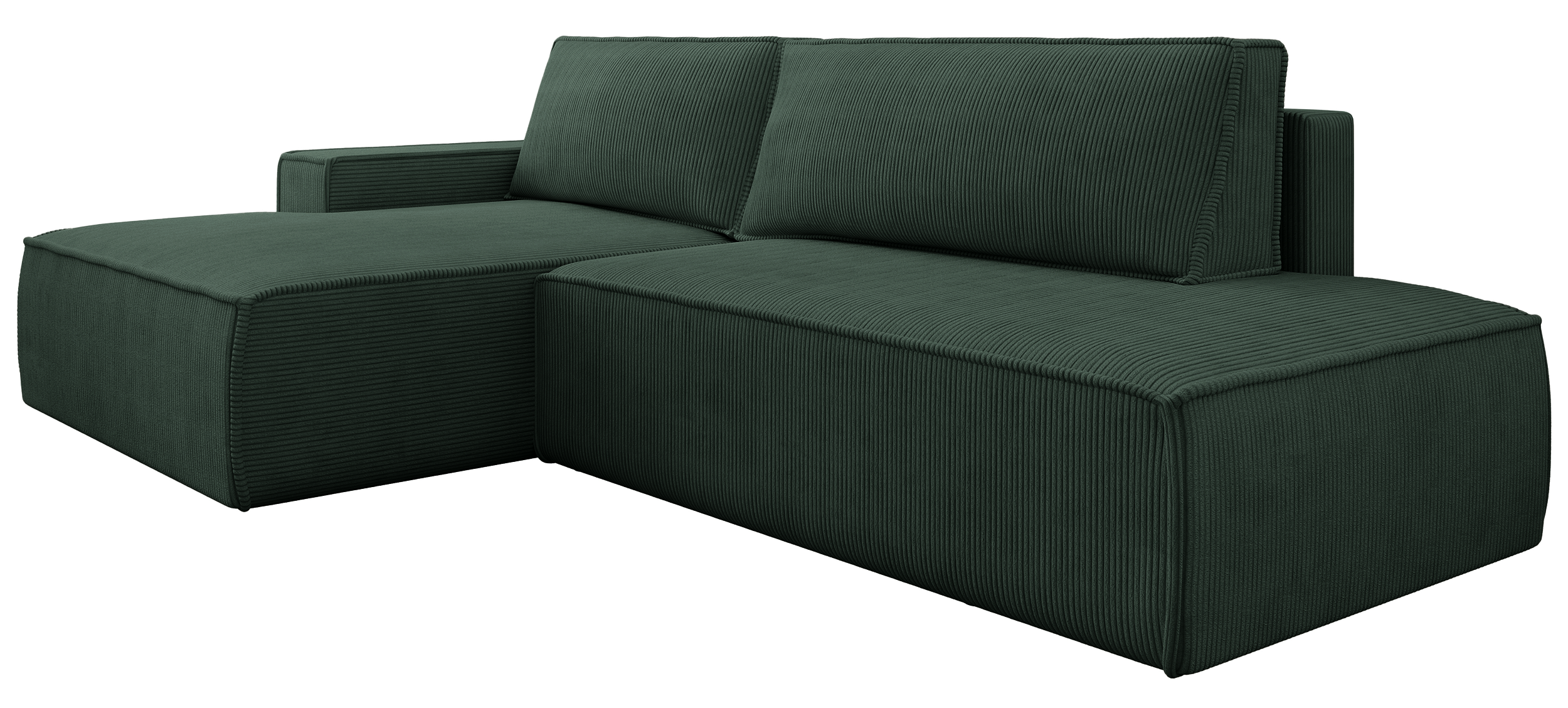 Ecksofa mit Schlaffunktion Felicjo, L-förmig, linksseitig, mit Stauraum, dunkelgrüner Cordstoff
